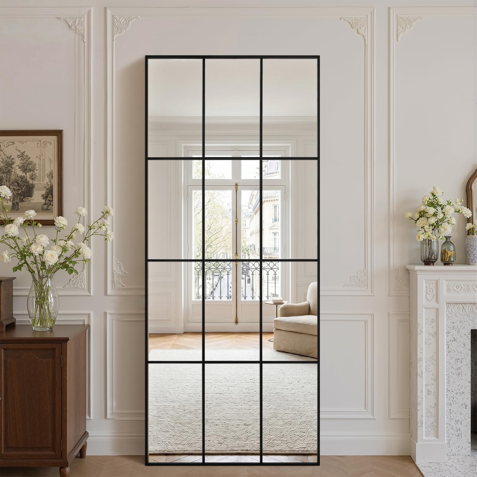 Anpark Arched Windowpane Wall Mirror 24"x36" Black Wall Mounted Art Pane Mirror Farmhouse Decorative Mirror Leaning Hanging Wall Mirror for Bedroom Living Room Entrance Hallway Wall Decor