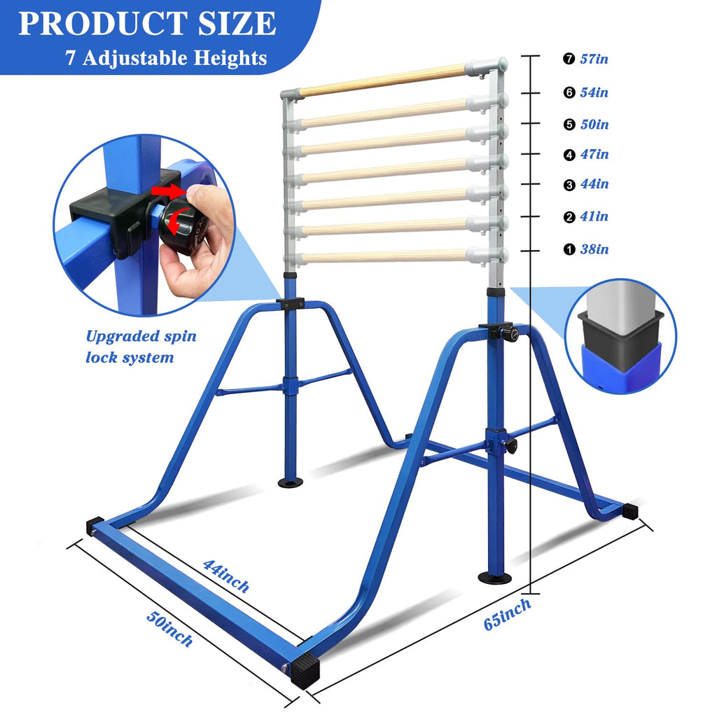 Foldable & Moveable Gymnastics Horizontal Bar with Rings,3’to 5’Adjustable Height Expandable Junior Kip Bar for Home,Indoor Gym Equipment for Kids