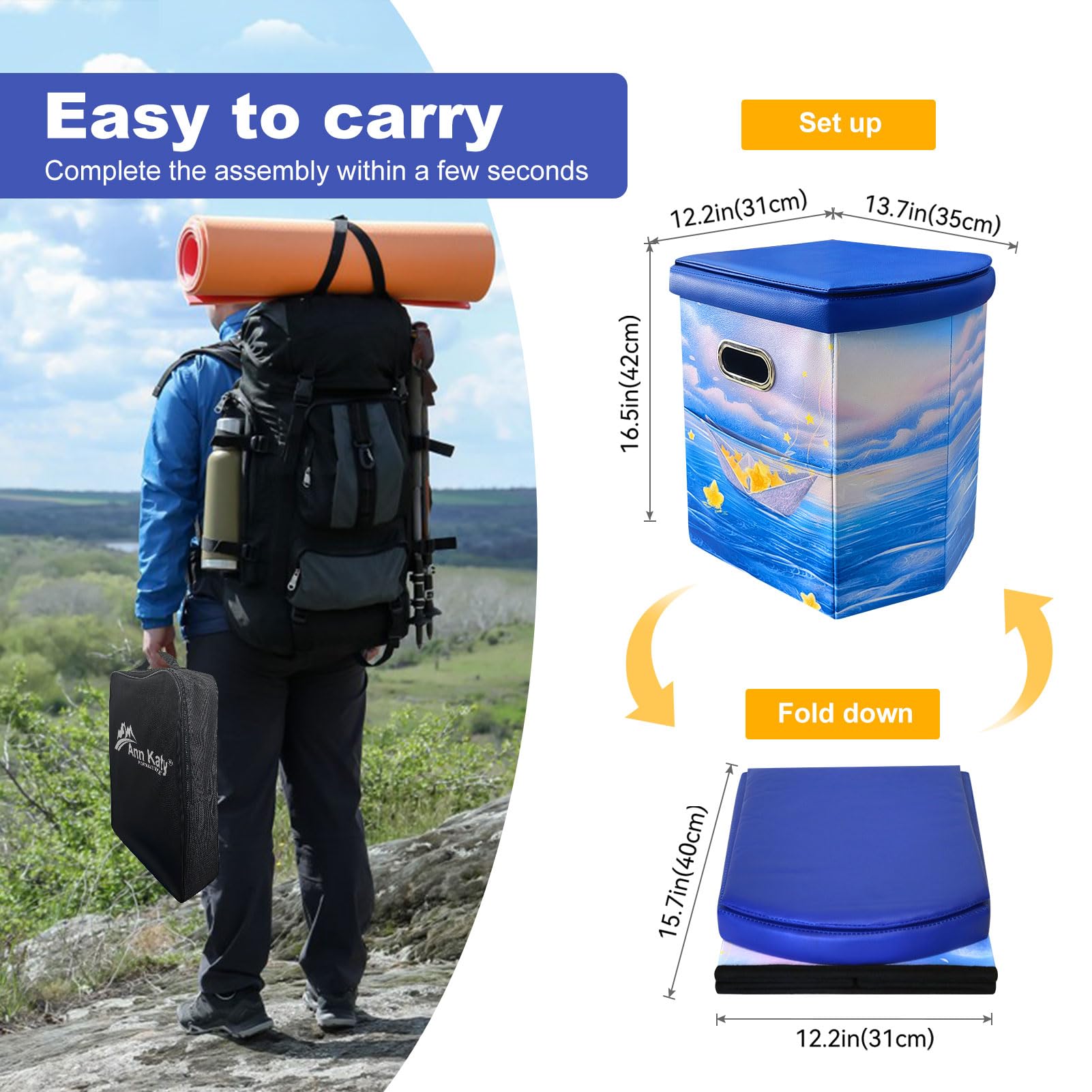 Ann Katy Upgrade XL Portable Toilet for Adults, Extra Large Portable Travel Floding Toilet, Camping Tall Toilets with Lid for Adults and Kids Compact Potty for Car,Hiking,Beach and Camping