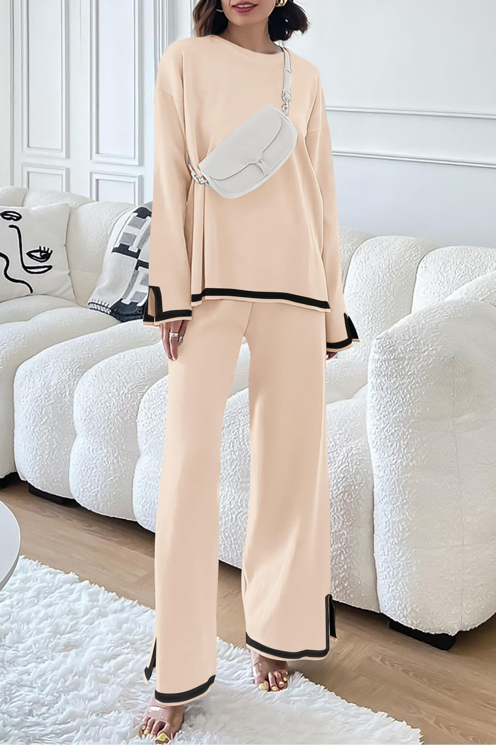 PRETTYGARDEN Women's 2 Piece Knit Sweater Set Travel Outfits | Long Sleeve Tops, Wide Leg Pants, Soft Matching Sweat Track Suits, Casual Fall Winter Clothes for Brunch, Going Out & Cruise