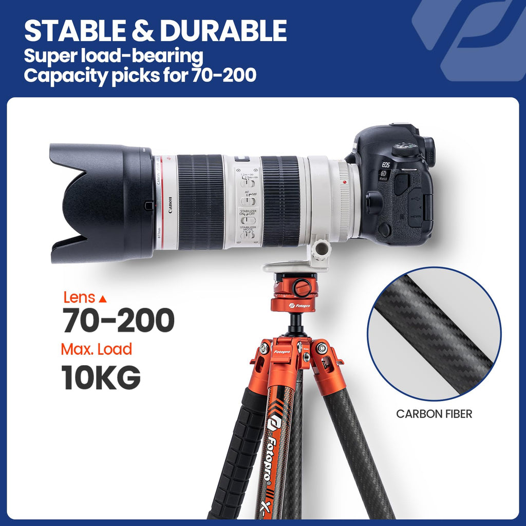 Fotopro 60" Camera Tripod, Carbon Fiber Travel Tripod with 360° Ball Head, Ultralight 2.1lbs, 22lbs Load, Quick Lock, Folds to 14.3" Carry-On, for DSLR Mirrorless Cameras, X-Aircross 3 Blue
