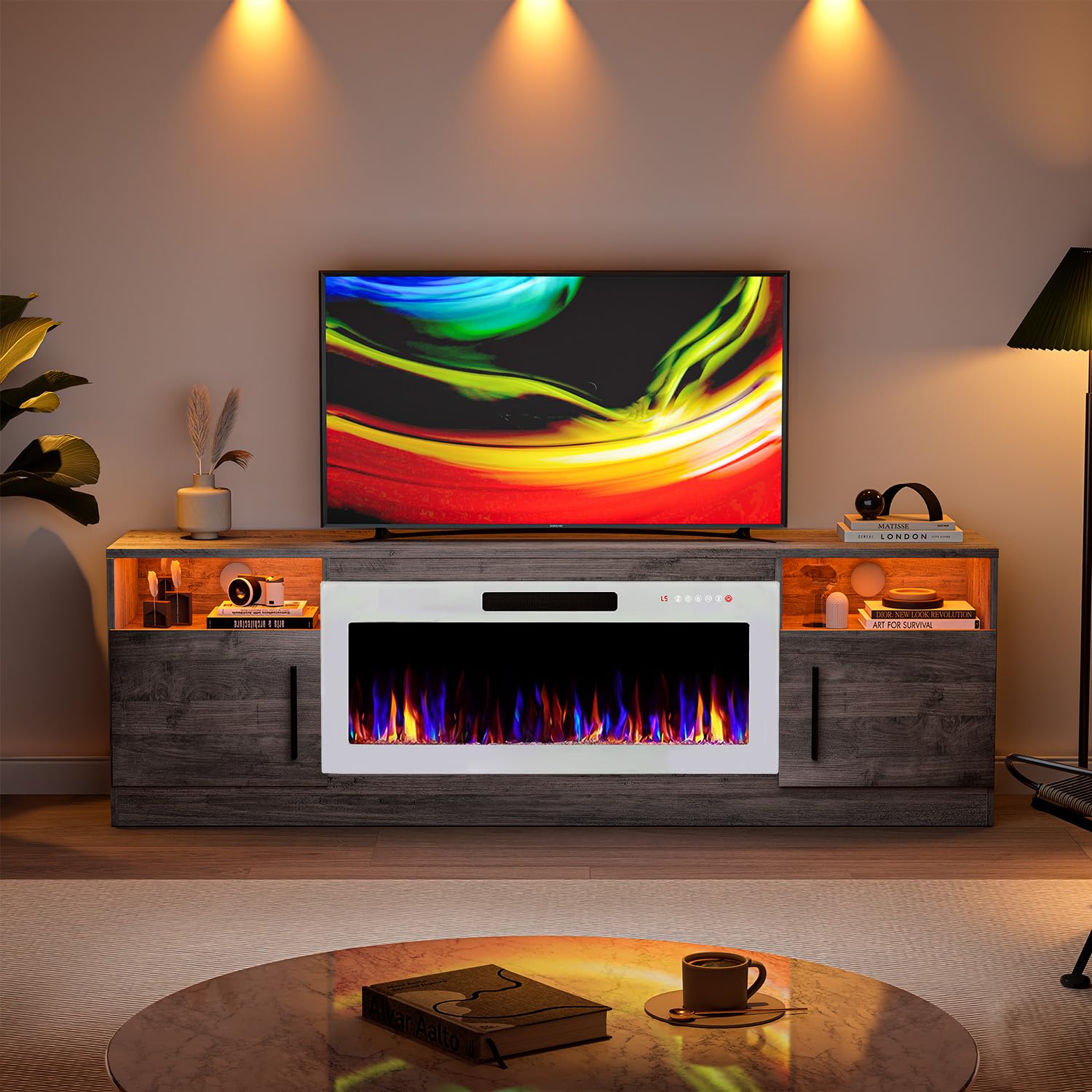 VITESSE 58 Inches Fireplace TV Stand for TVs up to 65 Inches Console with 18'' Electric Fireplace & Remote,Wooden Modern Entertainment Center for Living Room with LED Light Glass Shelves（Bei）