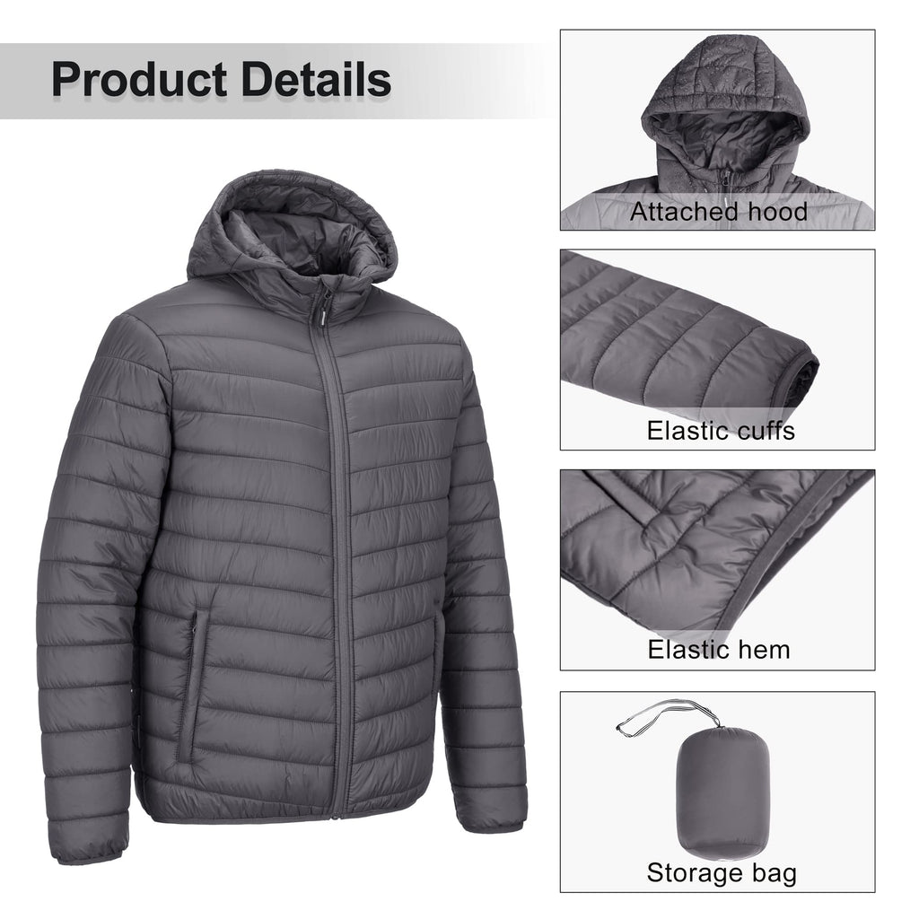Outdoor Ventures Men's Lightweight Packable Hooded Puffer Jacket Insulated Winter Coat for Snow Ski Traveling