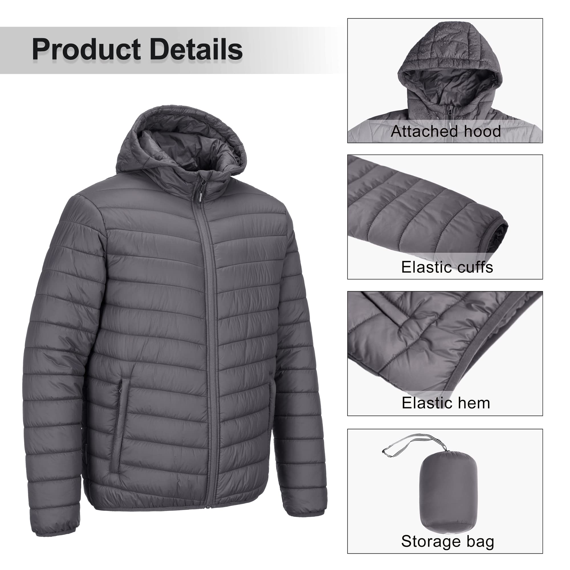 Outdoor Ventures Men's Lightweight Packable Hooded Puffer Jacket Insulated Winter Coat for Snow Ski Traveling