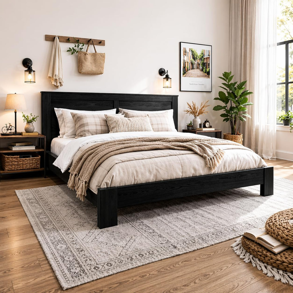 Wooden Bed Frame Full Size with Headboard, Farmhouse Platform Bedframe with Wood Slat Support, Sturdy Framework Bed Frame, Easy Assembly (Rustic Black)