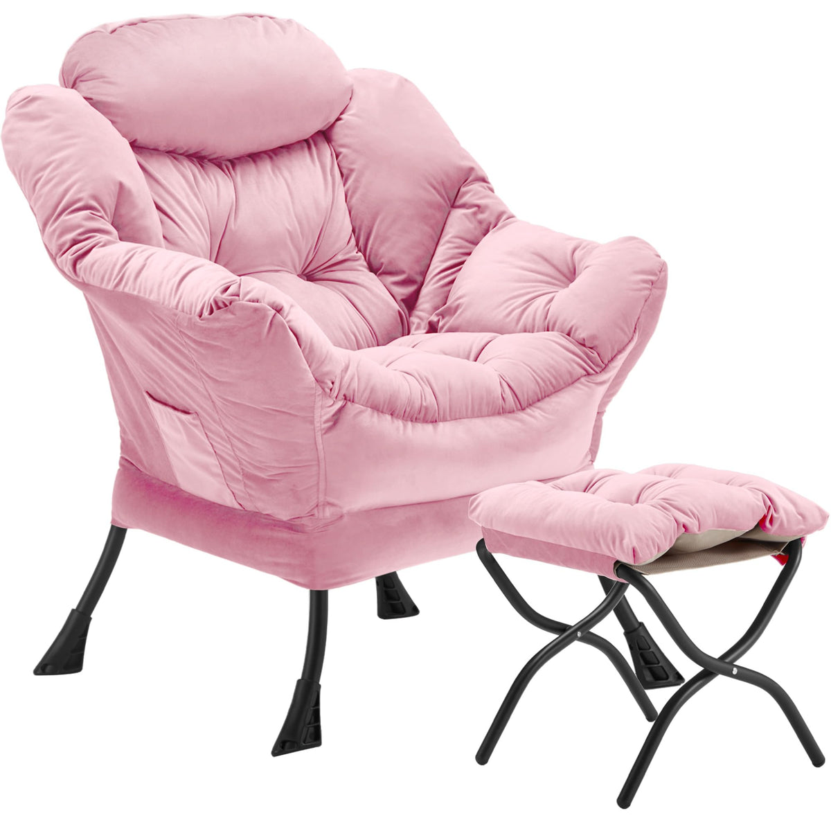 Youtanic Lazy Chair with Folding Ottoman, Accent Chair Velvet Upholstered with Metal Structure and Non-Slip Pads, Sofa Armchair with Footrest and Side Storage Bag for Dorm, Room, Office, Beige