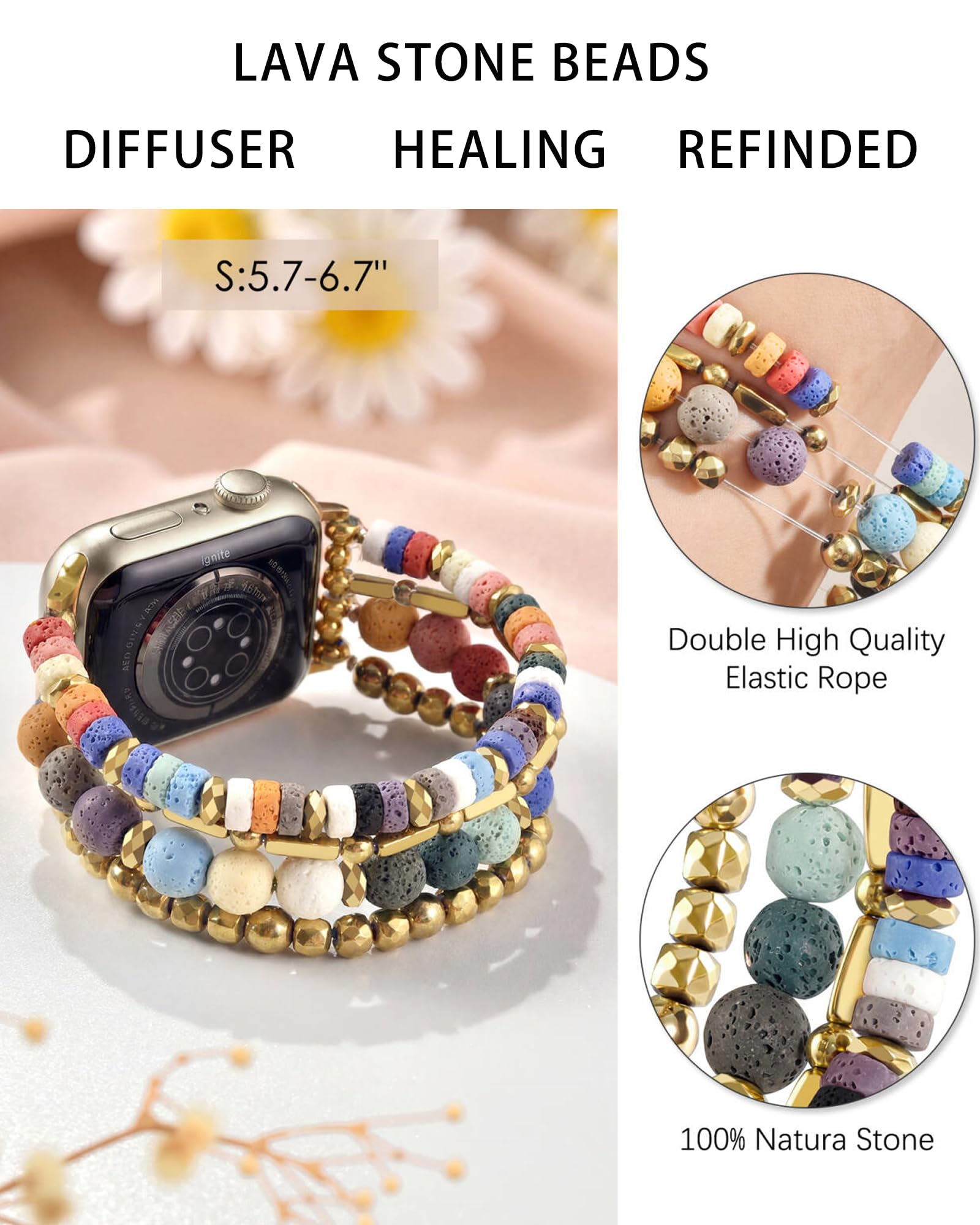 VISOOM Beaded Boho Bracelet Compatible for Apple Watch Band 40mm/38mm/41mm/42mm Series 11 10 9 8 7 SE Series 6/5/4 Women Fashion Cute Handmade Crystal Beads Stretchy Watch Strap for iWatch Bands 3/2/1