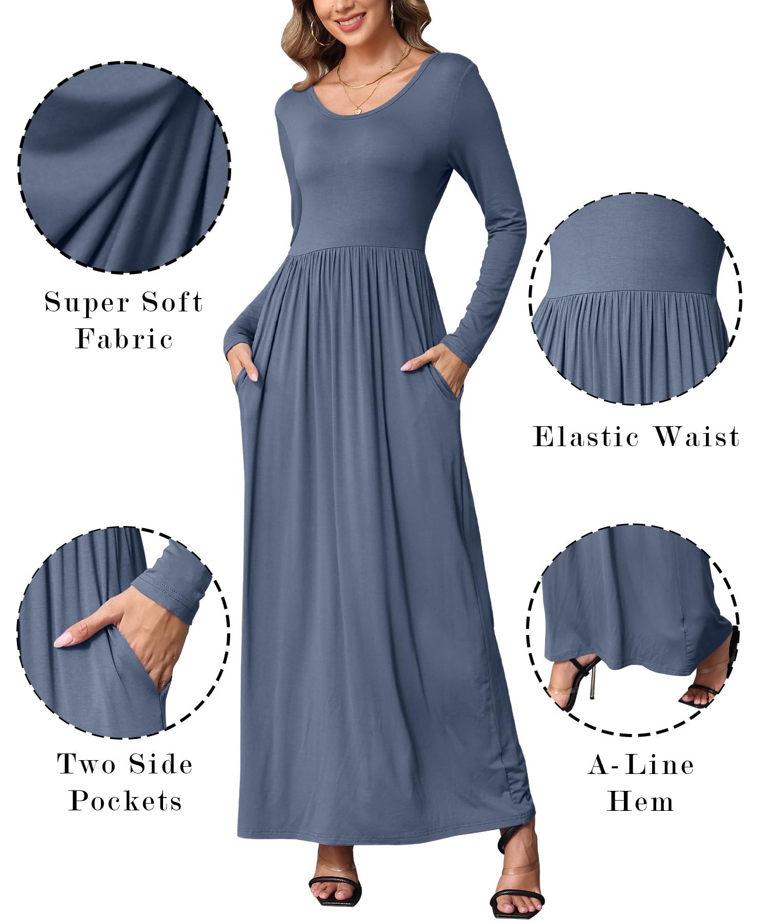 EUOVMY Women's Long Sleeve Loose Maxi Dresses Casual Long Dresses with Pockets