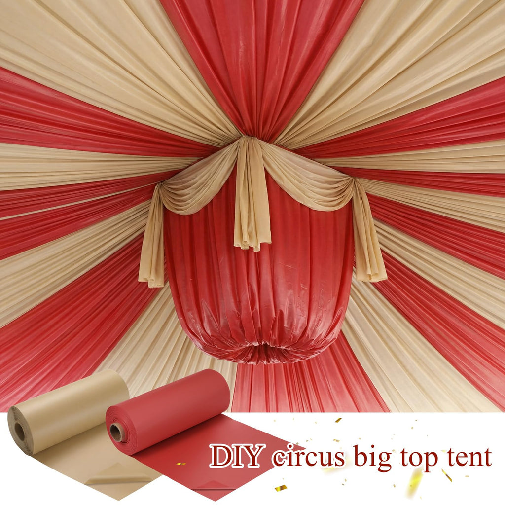Moukeren 40'' x 100'' Circus Tablecloth Roll Carnival Tent Party Table Cover for Birthday Decorations Circus Theme Tablecloth for Backdrop Curtains Ceiling Wall Drapes Supplies(Beige, Red,4 Roll)