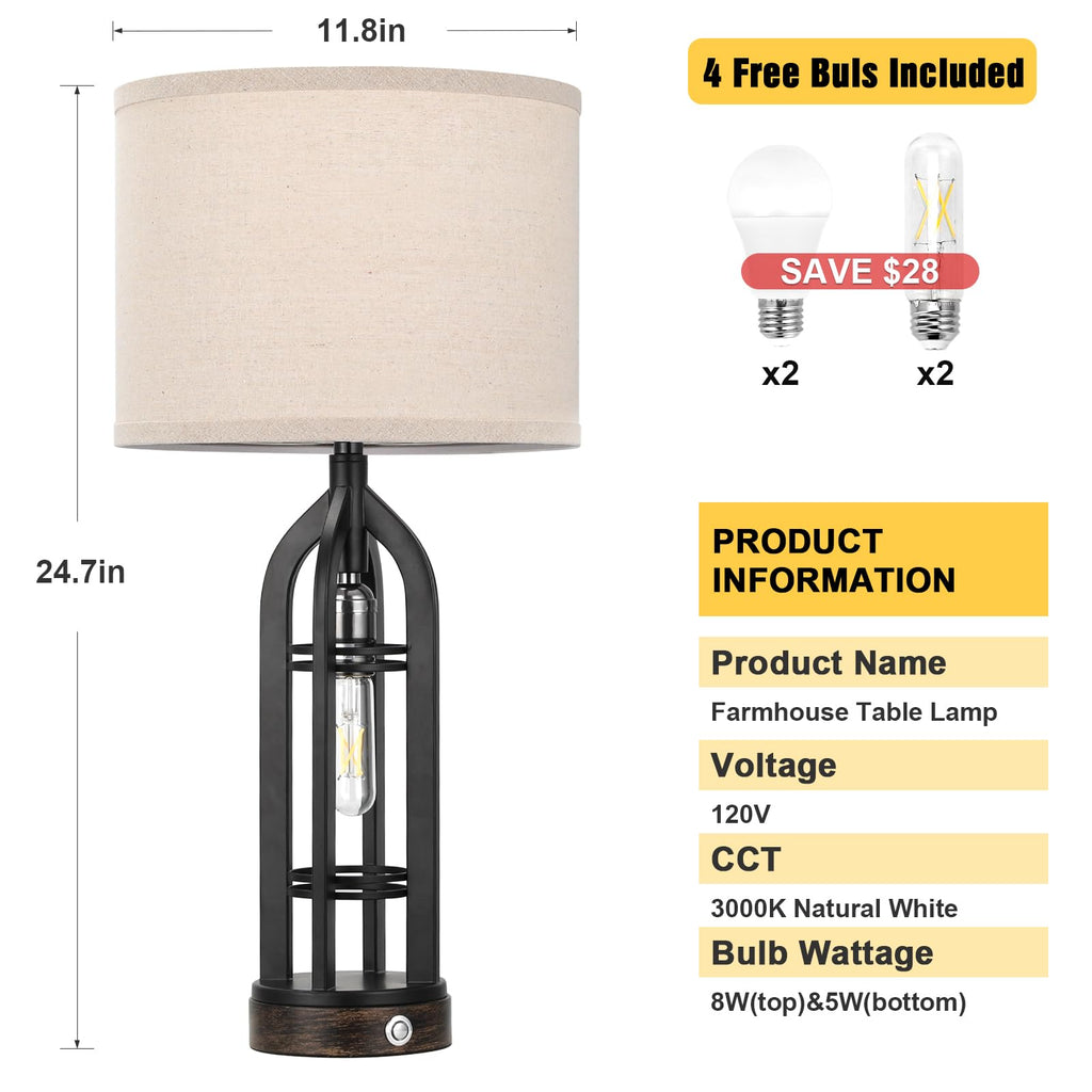 Seealle Table Lamp for Living Room Set of 2 - Wood-Like Bedside Lamp for Bedroom with USB C+A & Outlet, Farmhouse Lamps for Night Stands, 3-Way Dimmable Touch Lamps for Living Room