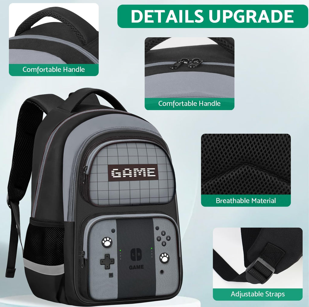 Kids Backpack For Boys，Gamer Boys Backpack For Children Teens Elementary Middle School, 17″ Students Bookbag
