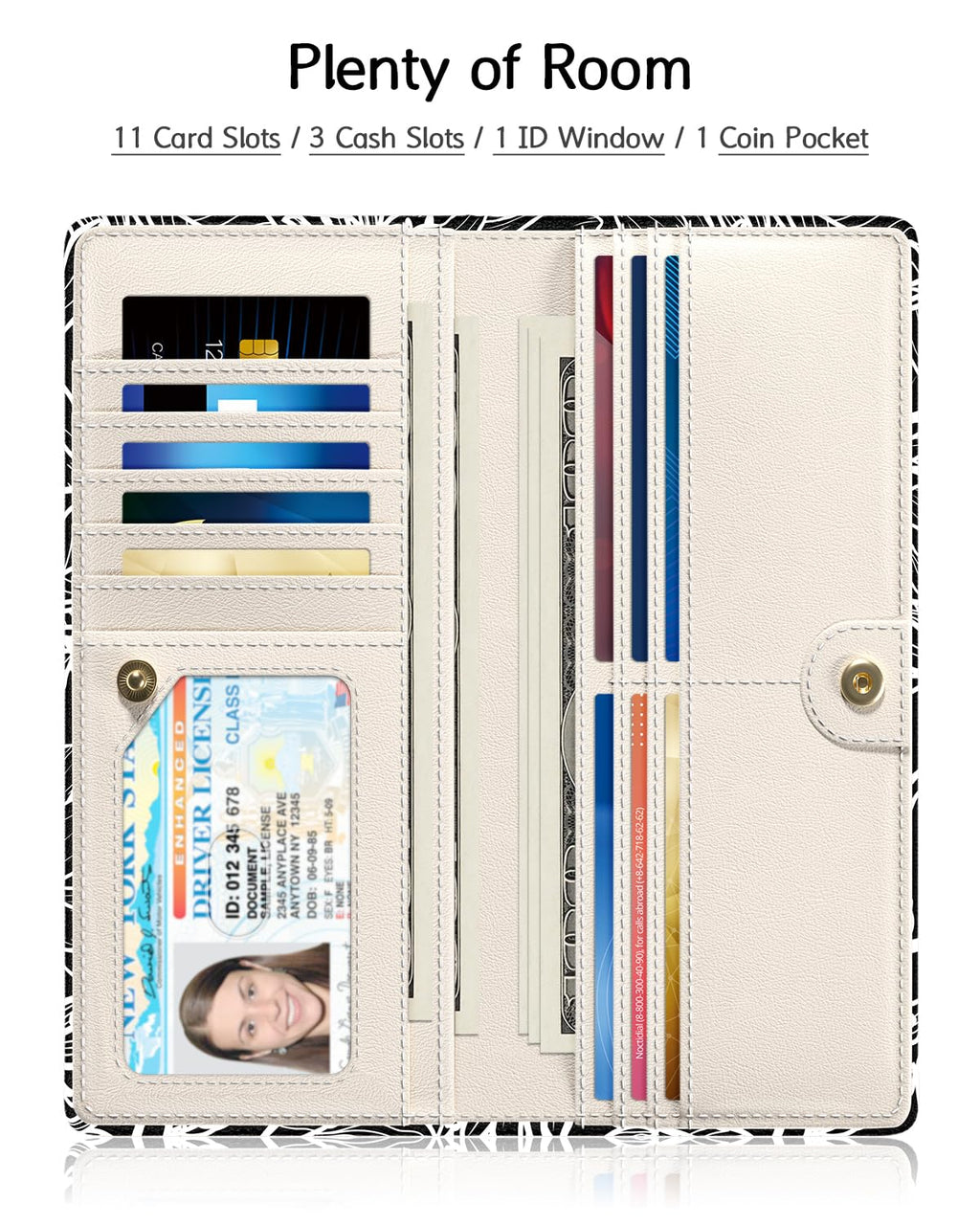 Nipichsha Womens Wallet, RFID Slim Wallets for Women, Thin Ladies Credit Card Holder Purse, Cute Leather Bifold Clutch Billfold with 11 Card Slots & ID Window, Abstract Boho Leaf