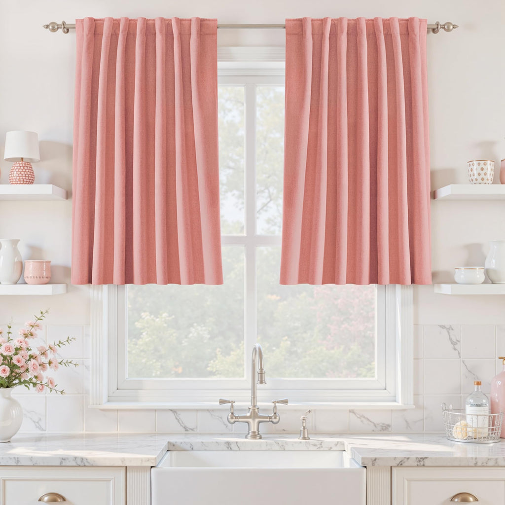 UHITECH Short Linen Curtains 24 Inch Long for Farmhouse Small Windows Modern Cafe Sytle Blackout Curtains for Living Room Back Tab Thermal Black Out Drapes 2ft