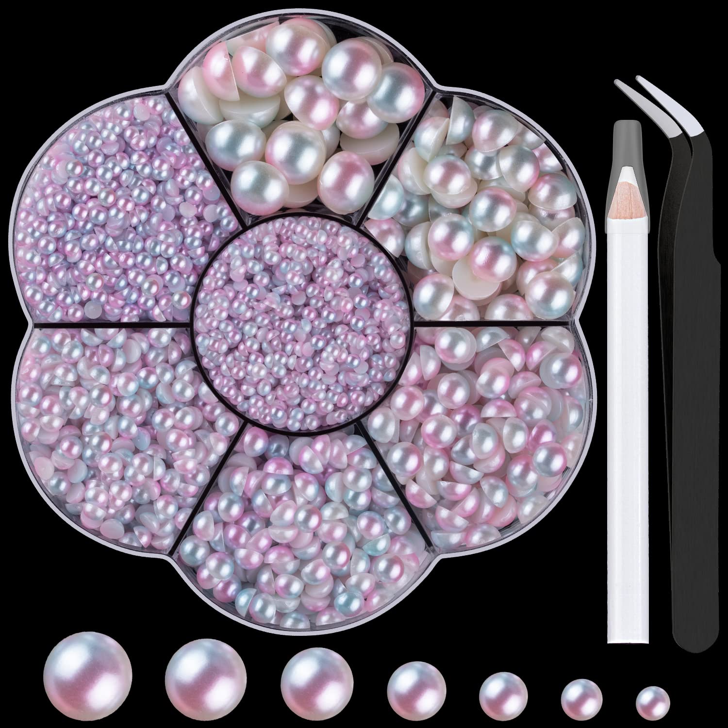 BELLEBOOST 5600pcs ABS Round Flat Back Beige Pearls Kit with Pickup Tools for Nail Art, Face, Body Decorations