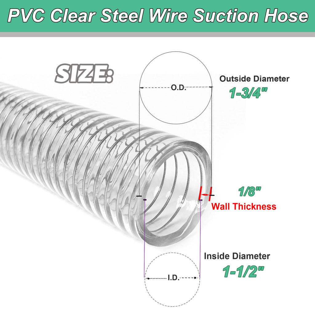 1"id-5ft PVC Reinforced Tubing Steel Wire Suction Flexible Hose Vinyl Tubing Heavy Duty PVC Vacuum Hose Drain Fuel Oil Gas Water for Marine Bilge Pump Pond Spa