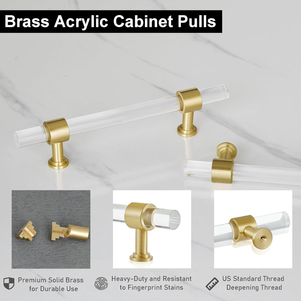 QOGRISUN 2-Pack Acrylic Cabinet Pulls with Brass Base, Gold Modern Drawer Handles, 3-inch Hole Center for Kitchen, Dresser Drawer Clear Glass Crystal Pulls, 5.1-inch Total Length