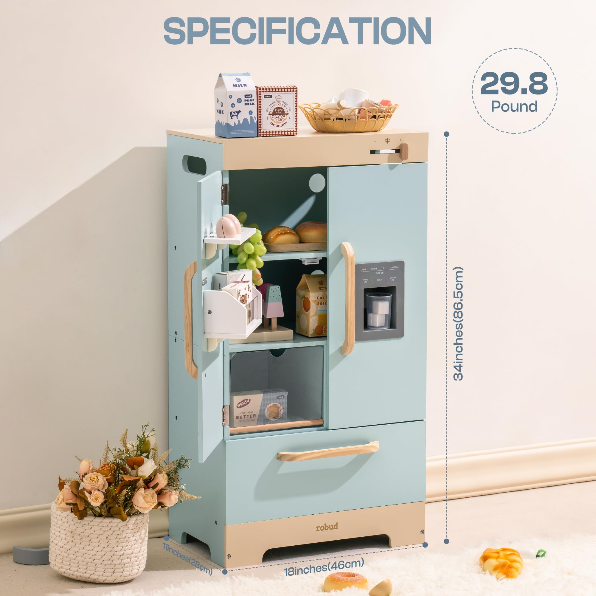ROBUD Wooden Play Kitchen Fridge, Toy Kitchen Refrigerator, Kids Fridge Freezer Set with Ice Maker, Kitchen Playset Gift for Kids & Toddlers, Age 3+ (Caramel)