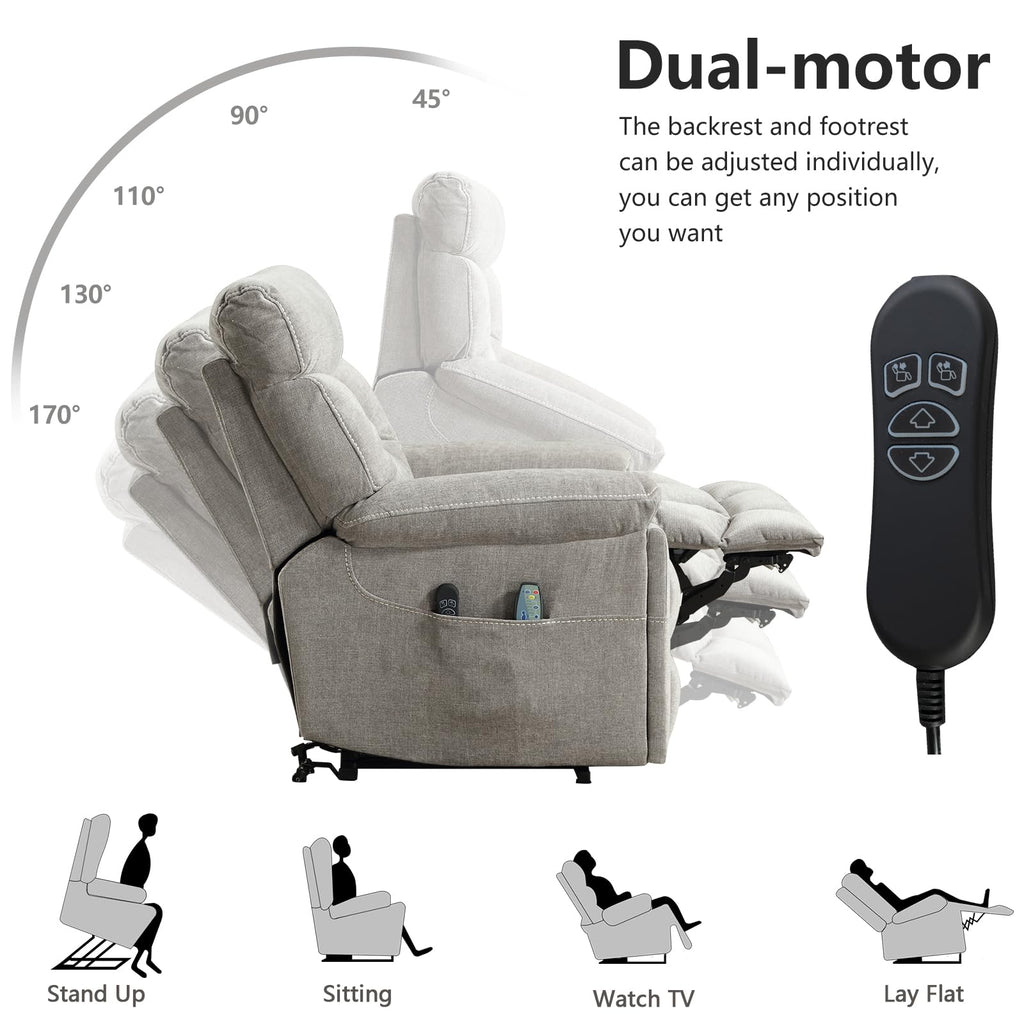 CANMOV Dual Motor Power Lift Recliner Chair for Elderly, 27" Extra-Wide Seat 450 lbs Weight Capacity Infinite Position Adjustment, with Heated Massage, Cup Holders and USB Port, Camel Fabric