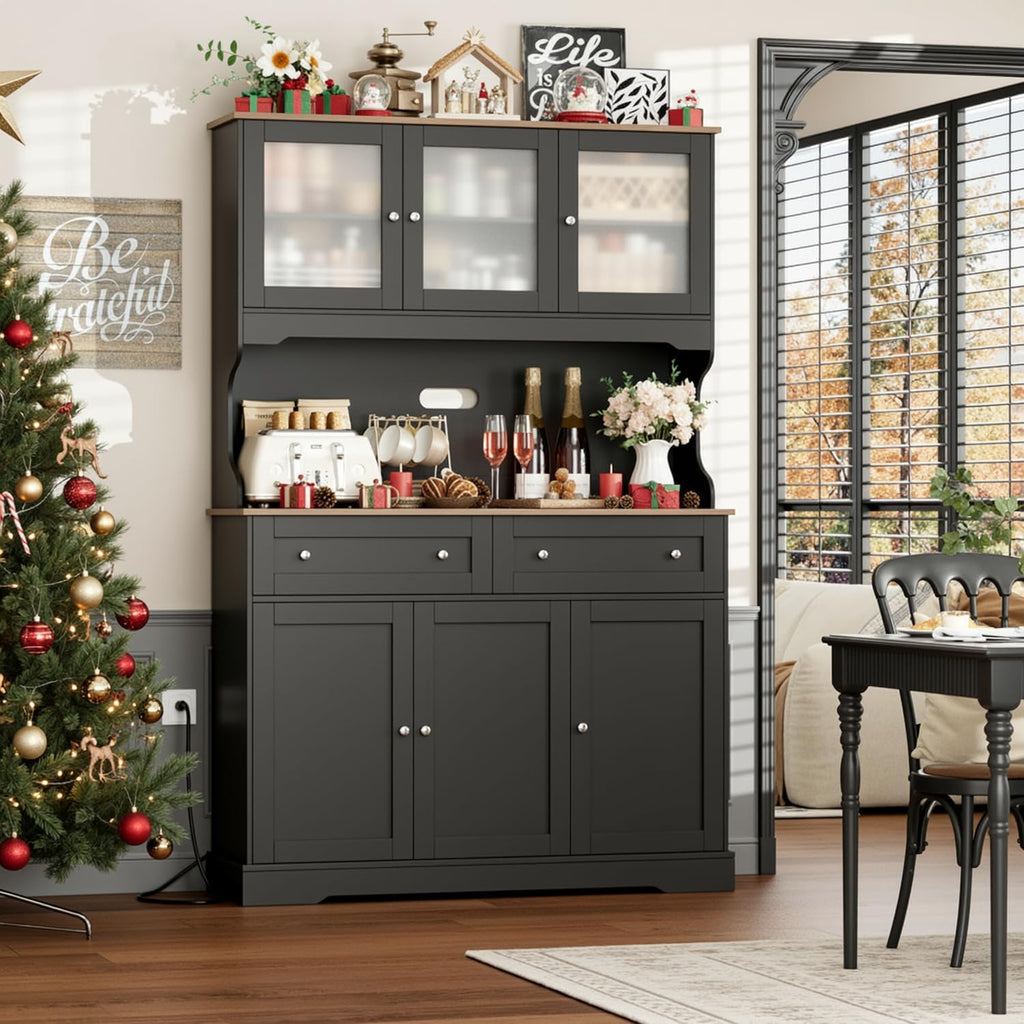 FACBOTALL 71.9" Kitchen Pantry Cabinet, Tall Storage Cabinet, Kitchen Hutch with Countertop and Outlets, Farmhouse Tall Pantry Storage with Doors and Shelves, Black