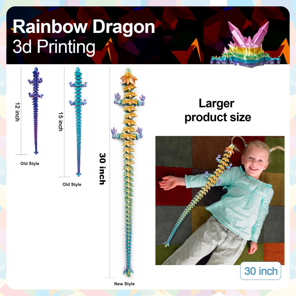 24" Large 3D Printed Dragon - Huge Articulated Crystal Dragon Fidget Toy, Giant Flexible 3D Dragon Figure, Birthday Gift for Boys Girls Kids & Collectors, Home Office Executive Desk Decor