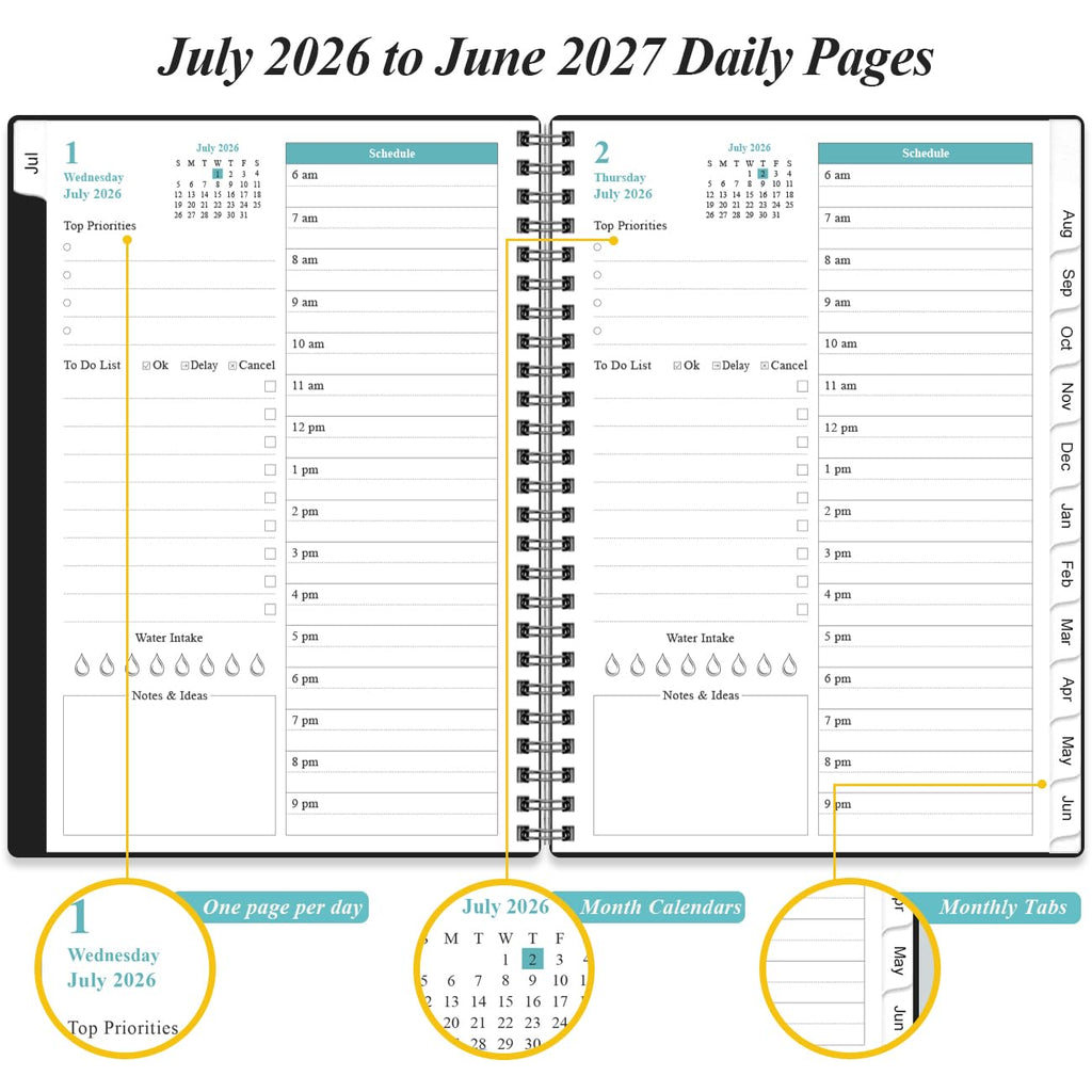 2026-2027 Daily & Monthly Planner - One Page Per Day, Daily Planner from July 2026 to June 2027, Planner 2026-2027 with 12 Monthly Tabs, 6.4" x 8.5", Black