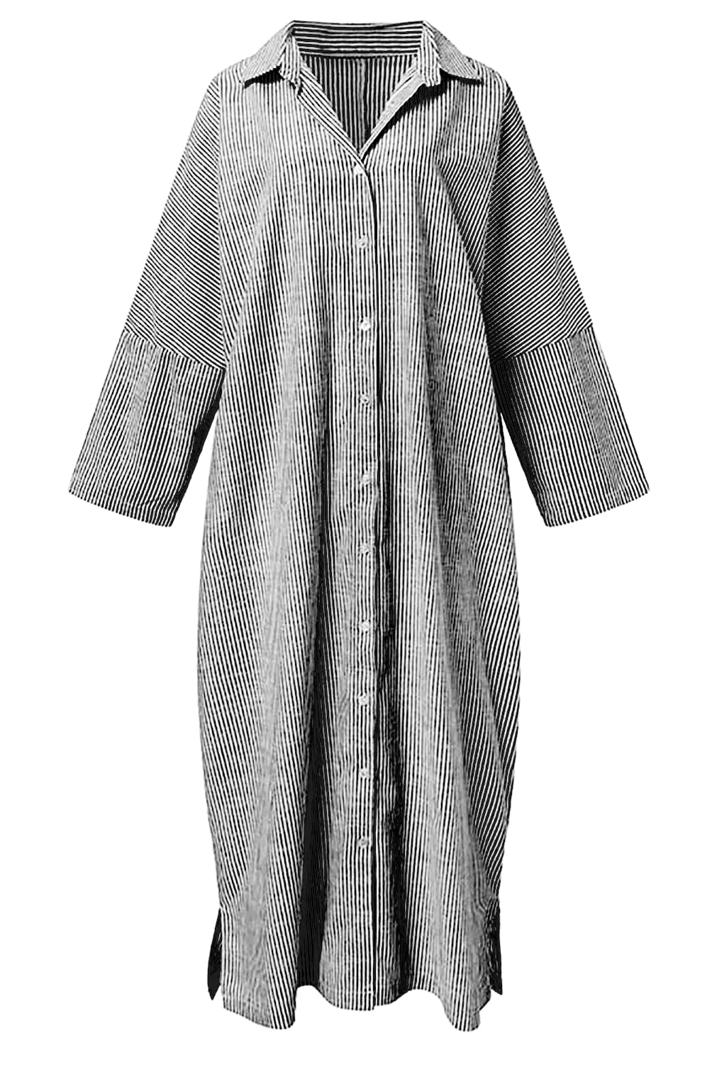 utcoco Womens Striped Long Sleeve Dress Casual Loose Button Down Cotton Maxi Shirt Dress