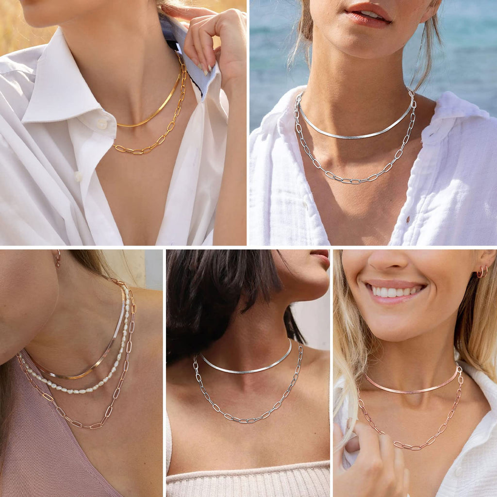 FOCALOOK 14K Gold Plated Necklaces for Women, Fashion Herringbone Choker Necklace Stainless Steel Flat Snake Chain 3/5MM(W) 12.5"/15"/18"+3.5"(L)