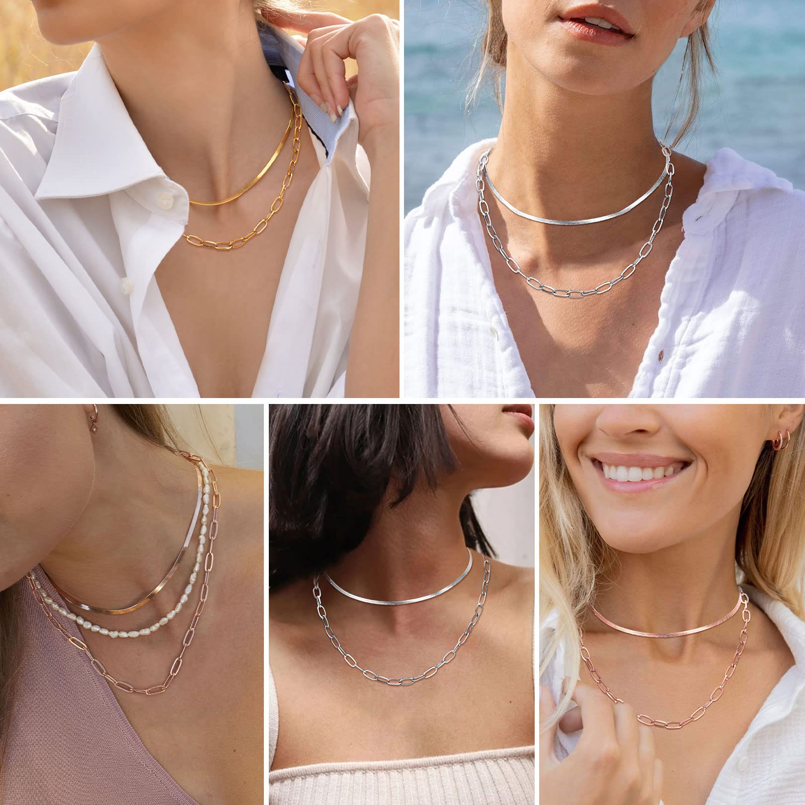 FOCALOOK 14K Gold Plated Necklaces for Women, Fashion Herringbone Choker Necklace Stainless Steel Flat Snake Chain 3/5MM(W) 12.5"/15"/18"+3.5"(L)