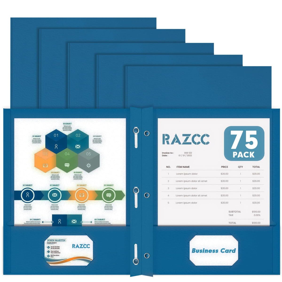 Two Pocket Folders, RAZCC 75 Pack Two Pocket Folders with Prongs, 3 Prong Pocket Folders Letter Size, Paper Folders with Prongs for School Office Home Business, Assorted 5 Colors