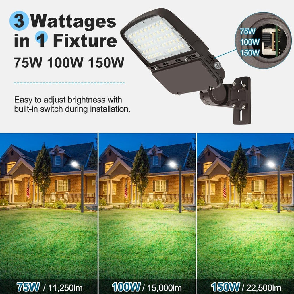 150W LED Parking Lot Light with Photocell, Outdoor Dimmable LED Pole Lights with Slip Fitter & Arm Mount in 1, 22500LM 5000K 100-277V IP65, 150W/100W/80W Power Tunable, ETL