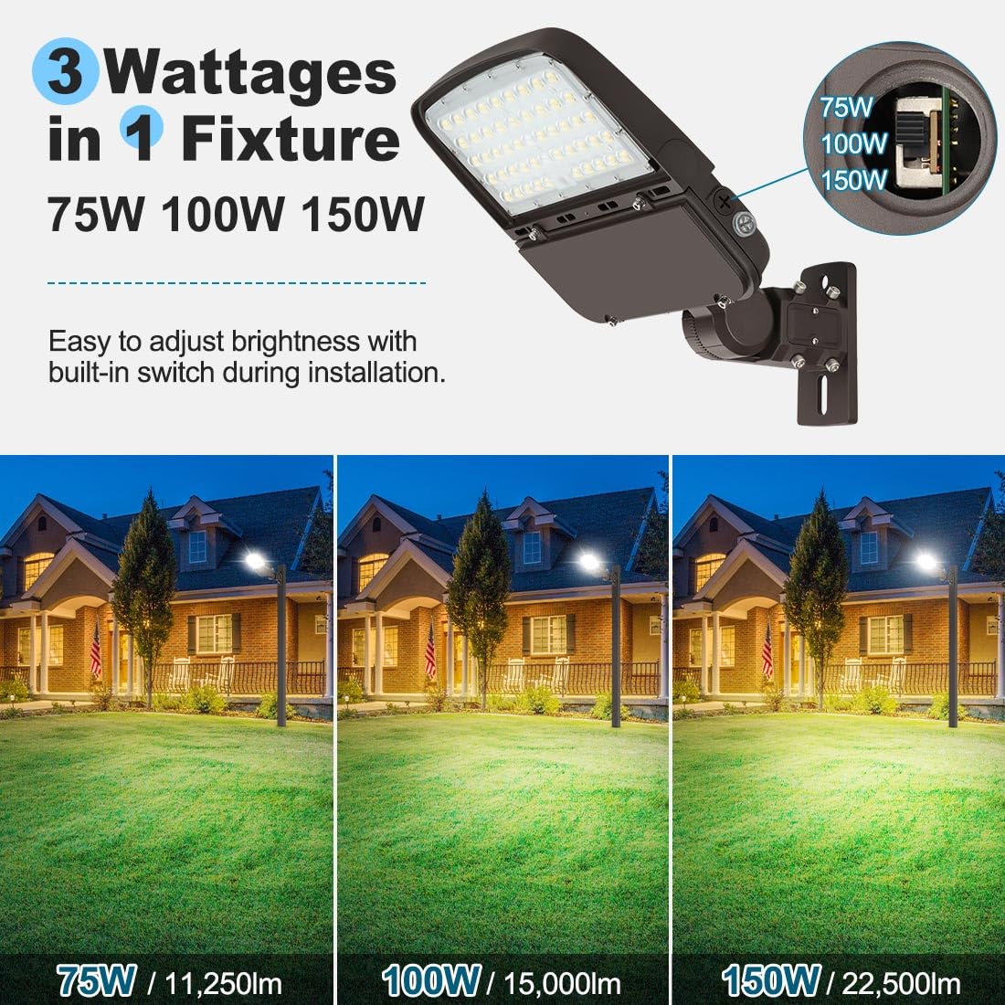 150W LED Parking Lot Light with Photocell, Outdoor Dimmable LED Pole Lights with Slip Fitter & Arm Mount in 1, 22500LM 5000K 100-277V IP65, 150W/100W/80W Power Tunable, ETL
