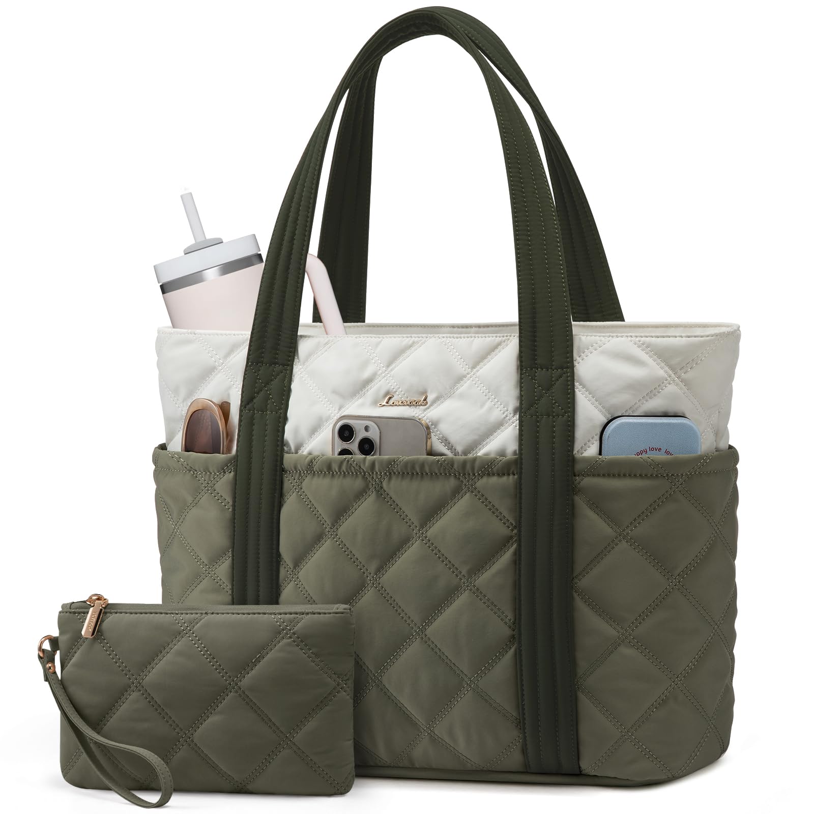 LOVEVOOK Puffer Tote Bag for Women, Puffy Work Handbag with Cup Holder, Travel Carry On Bag with Zipper for Teacher Nurse Gym