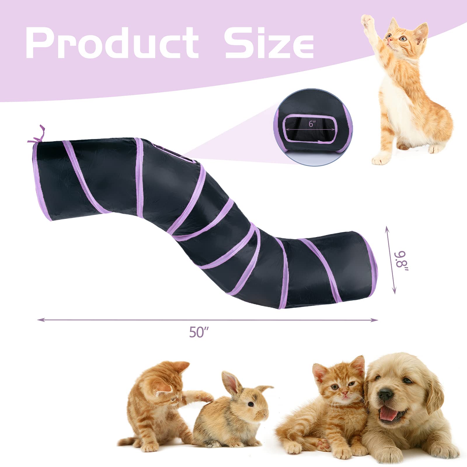 Sheldamy Cat Tunnel, 2-Way Collapsible Play Tunnel, Interactive Toy Maze for Small Animals, Suitable for Kittens, Puppies, Rabbits, Ferrets, Blue & Black
