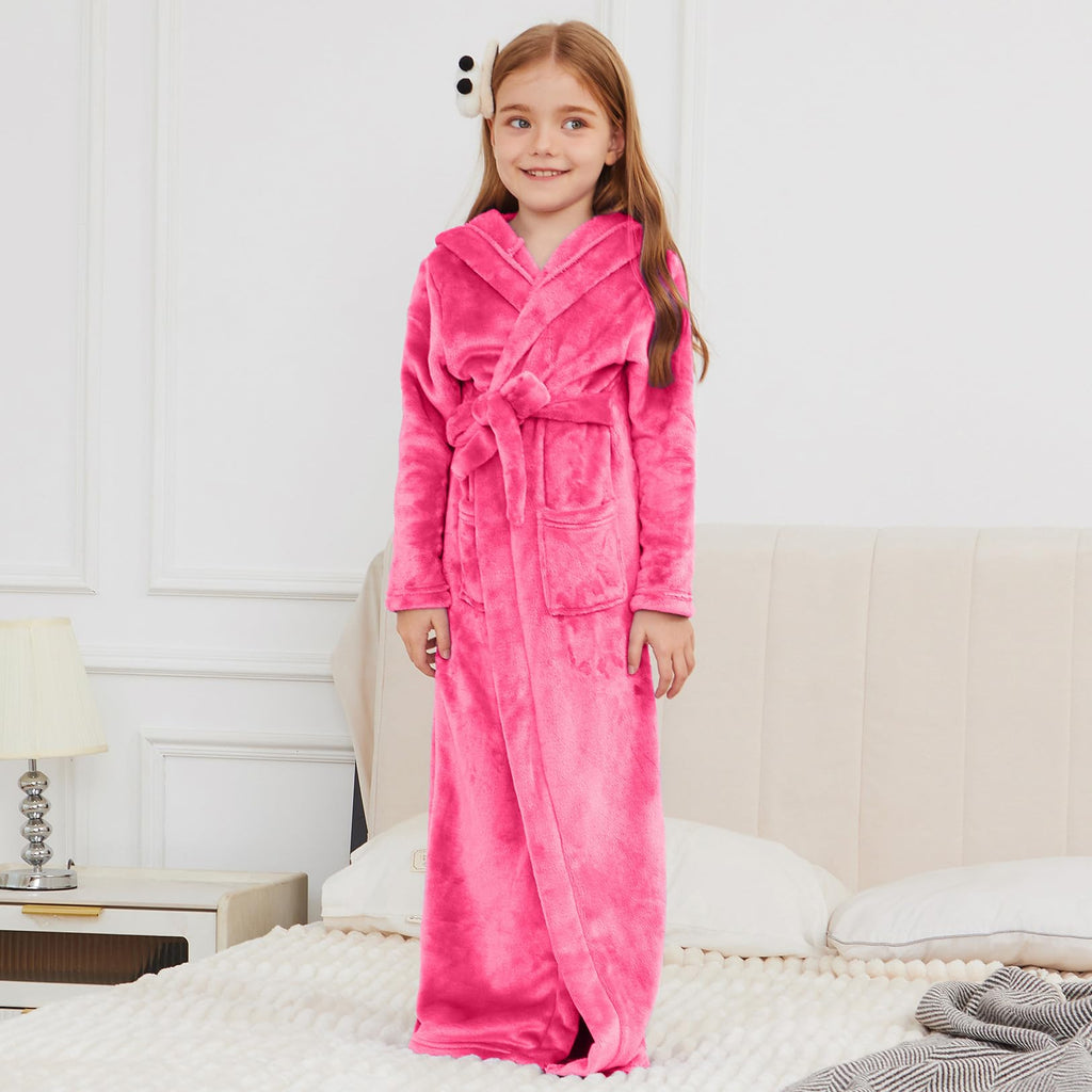 Jxstar Girls Bathrobes Kids Long Hooded Robes Plush Full Length Coral Fleece Pajamas Sleepwear