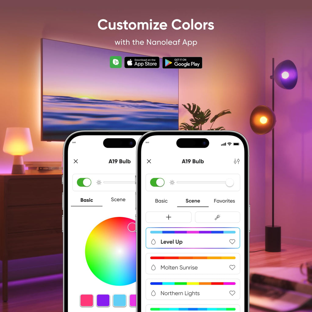 Nanoleaf Essentials Smart Light Bulbs, Matter Smart LED Bulbs Work with Alexa & Google Home, 1000lm 16M+ RGBTW Color Changing Light Bulb, Music Sync A19 E26 2.4GHz WiFi Bluetooth Light Bulb 60W, 2PK