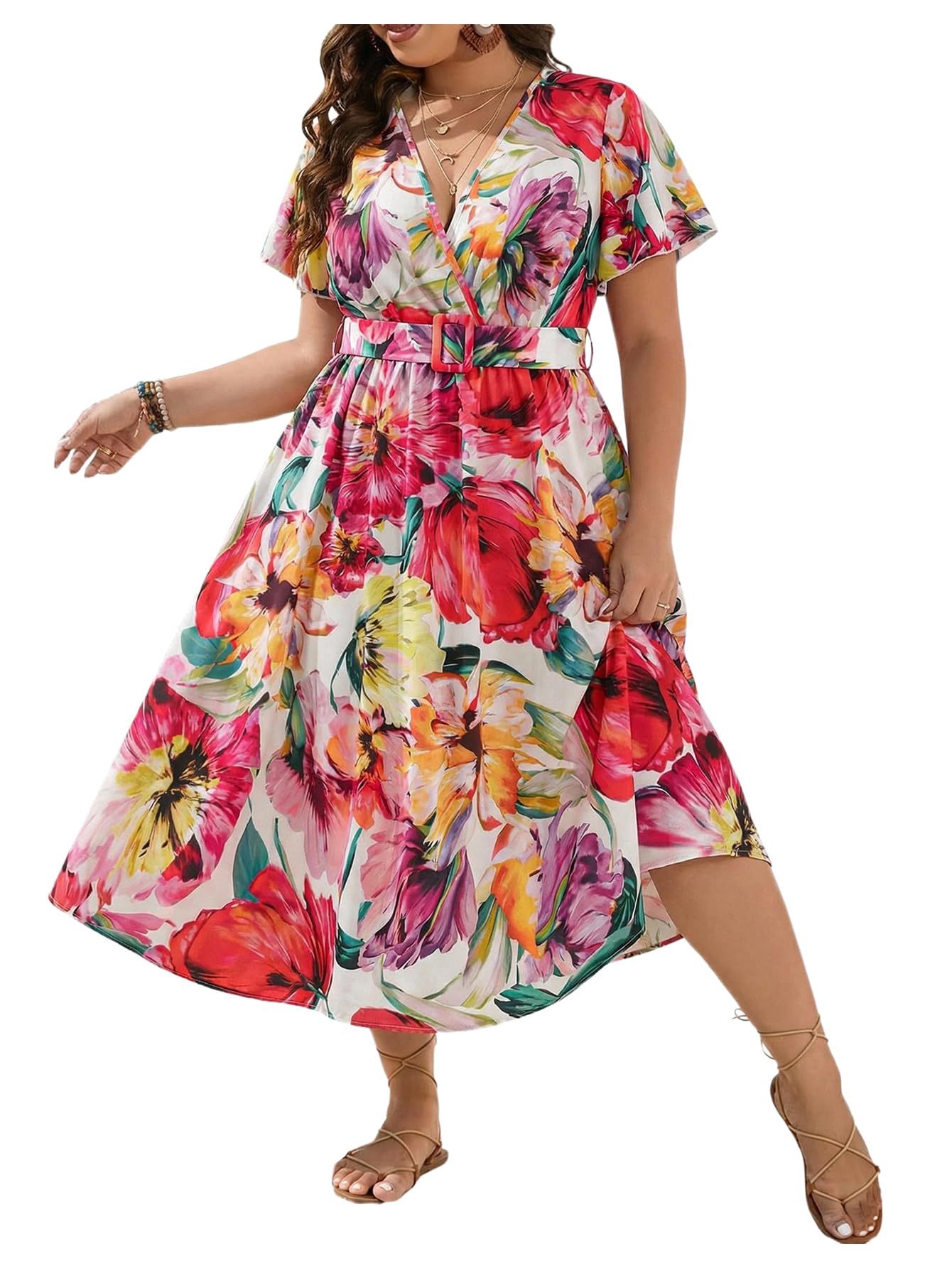 Floerns Women's Plus Size Boho Hawaiian Tropical Dresses V Neck Short Sleeve Floral A Line Long Dress Vacation Beach Outfits