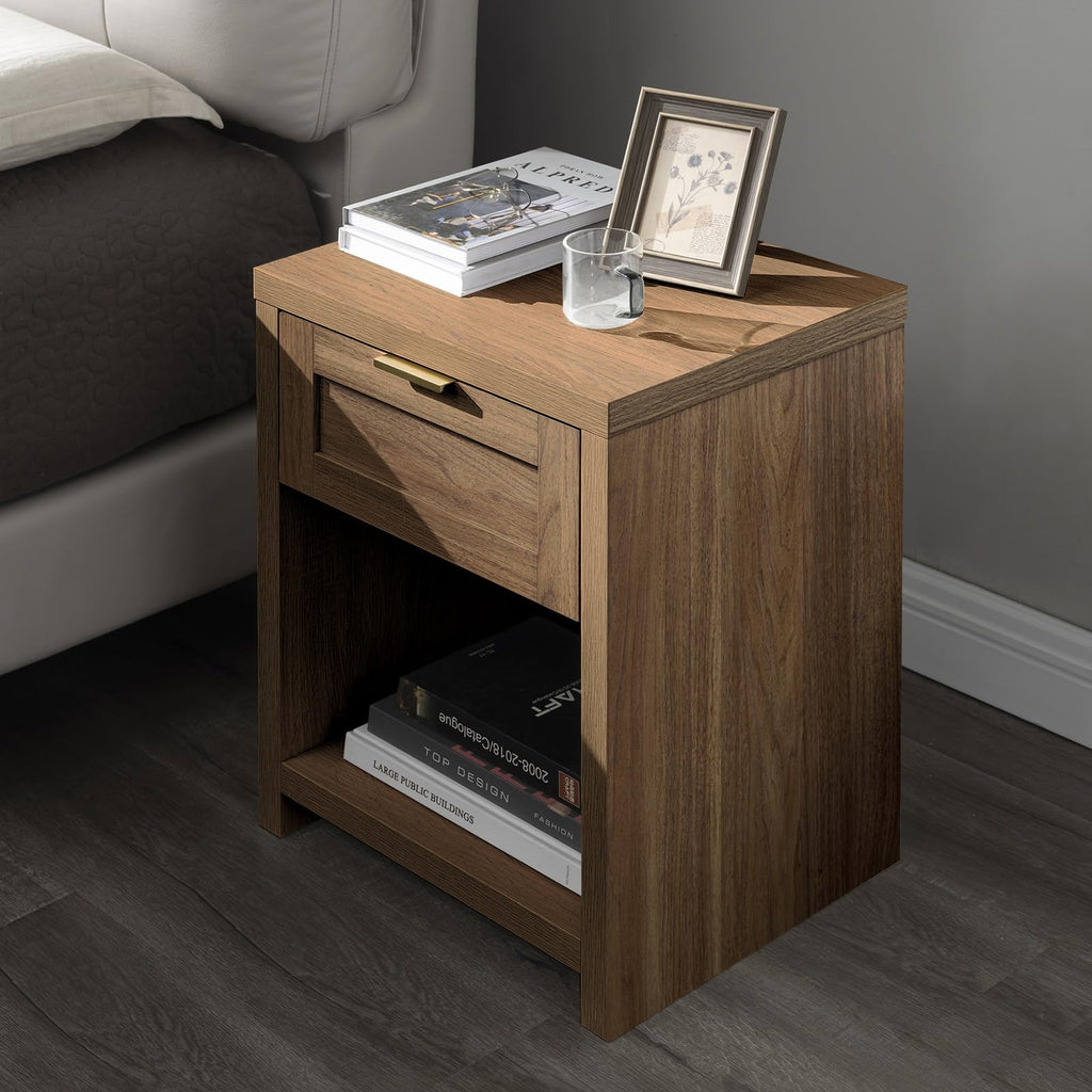 OAKHAM HOME Nightstand Set of 2 Farmhouse Bedside Tables with Drawer and Storage Shelf Modern Boho End Side Tables for Bedroom Sofa, Light Oak