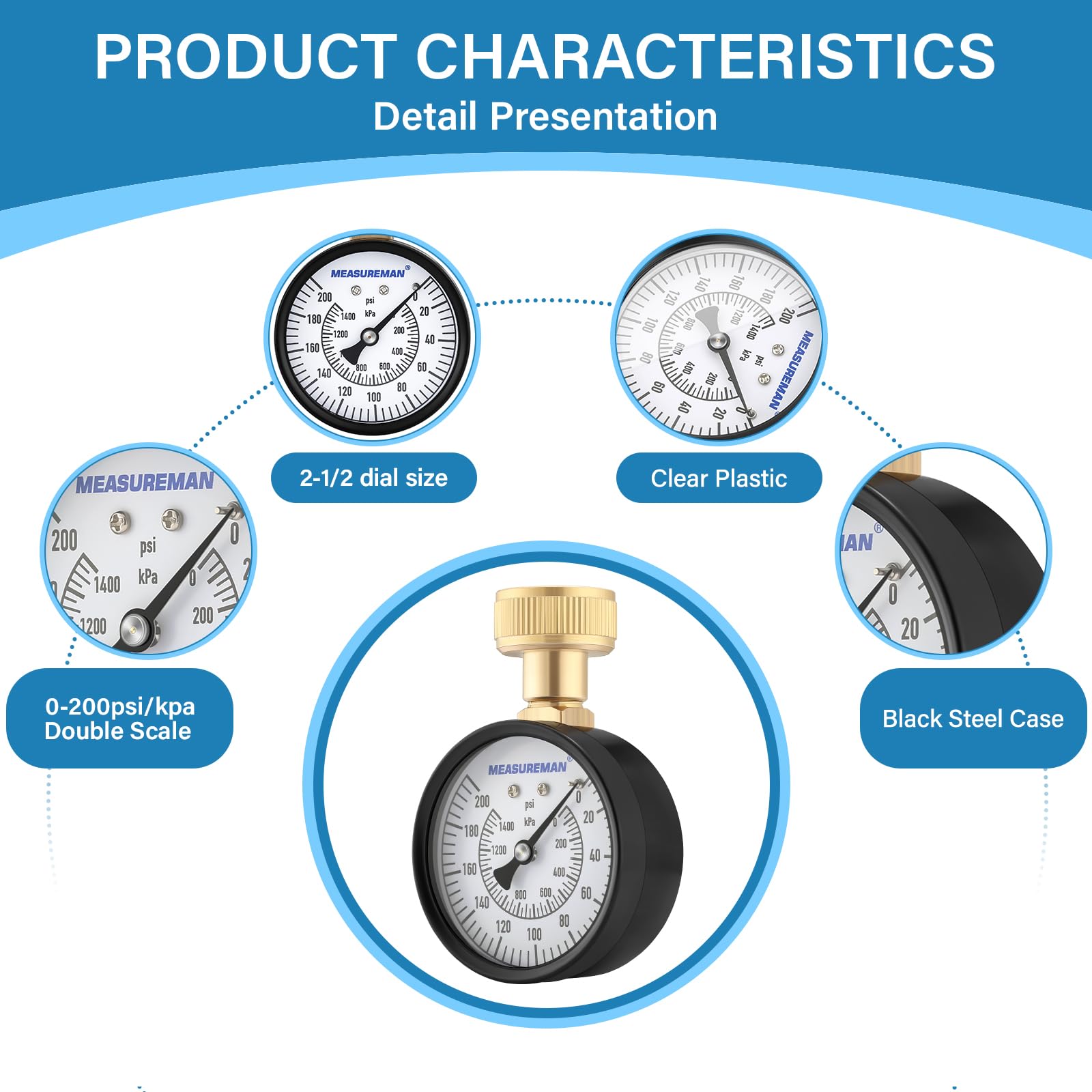 MEASUREMAN 2" Water Pressure Test Gauge, 3/4" Female Hose Thread, 0-200 psi/kpa with Maximum Pressure Memory (Pack of 2)