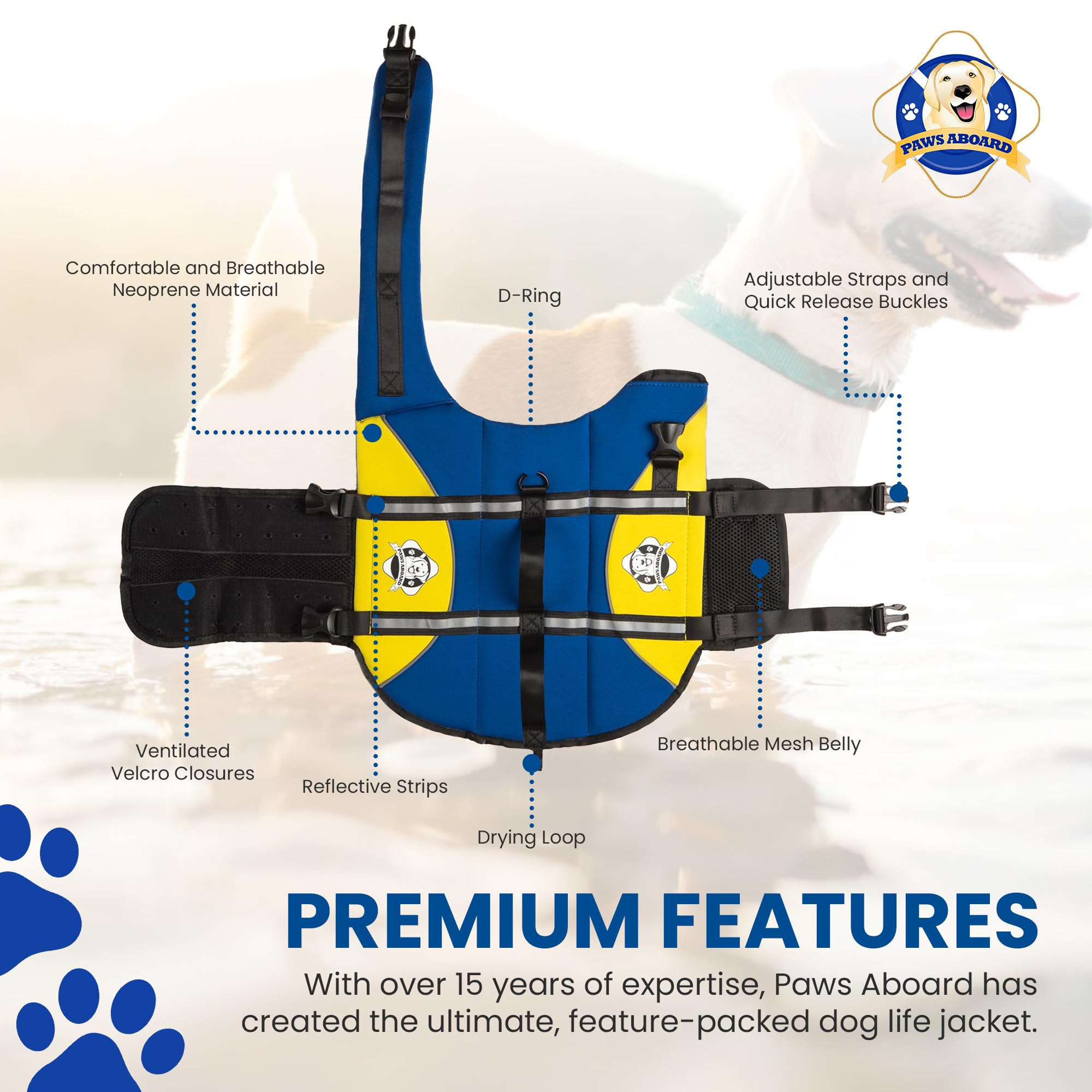 Dog Life Jacket — Premium Swim Vest with SafeChin Anti-Choke Collar | PAWS Aboard Blue & Yellow | RapidLift Rescue Handle, D-Ring, Reflective Trim | Boating, Kayaking, Pool | XX-Small (Under 6 lbs)