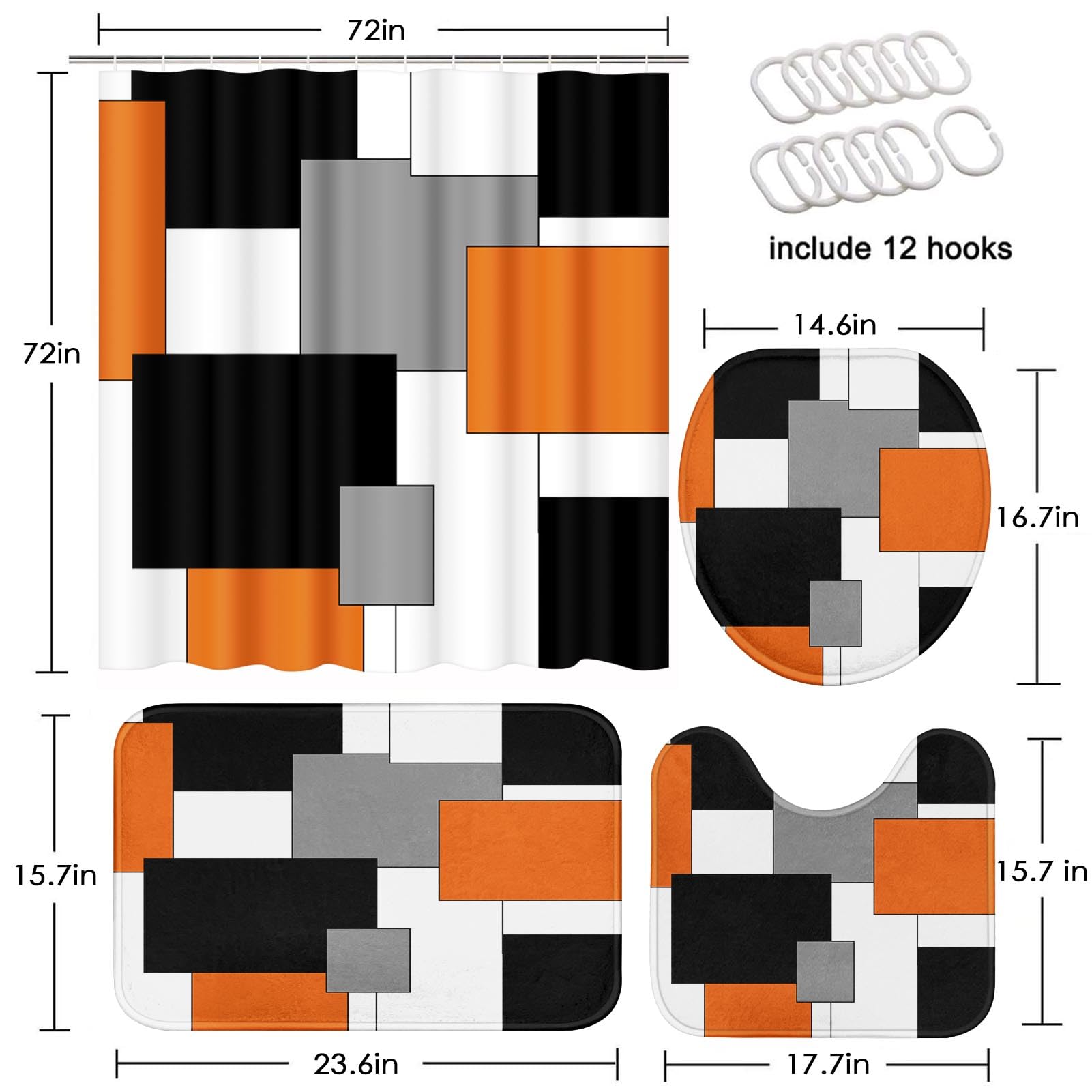 Beige Geometric Shower Curtain Set with Toilet Lid Cover and Non-Slip Rugs for Bathroom, Black Grey White Checkered 4 Pcs Shower Curtain, Modern Abstract Bathroom Set with 12 Hooks