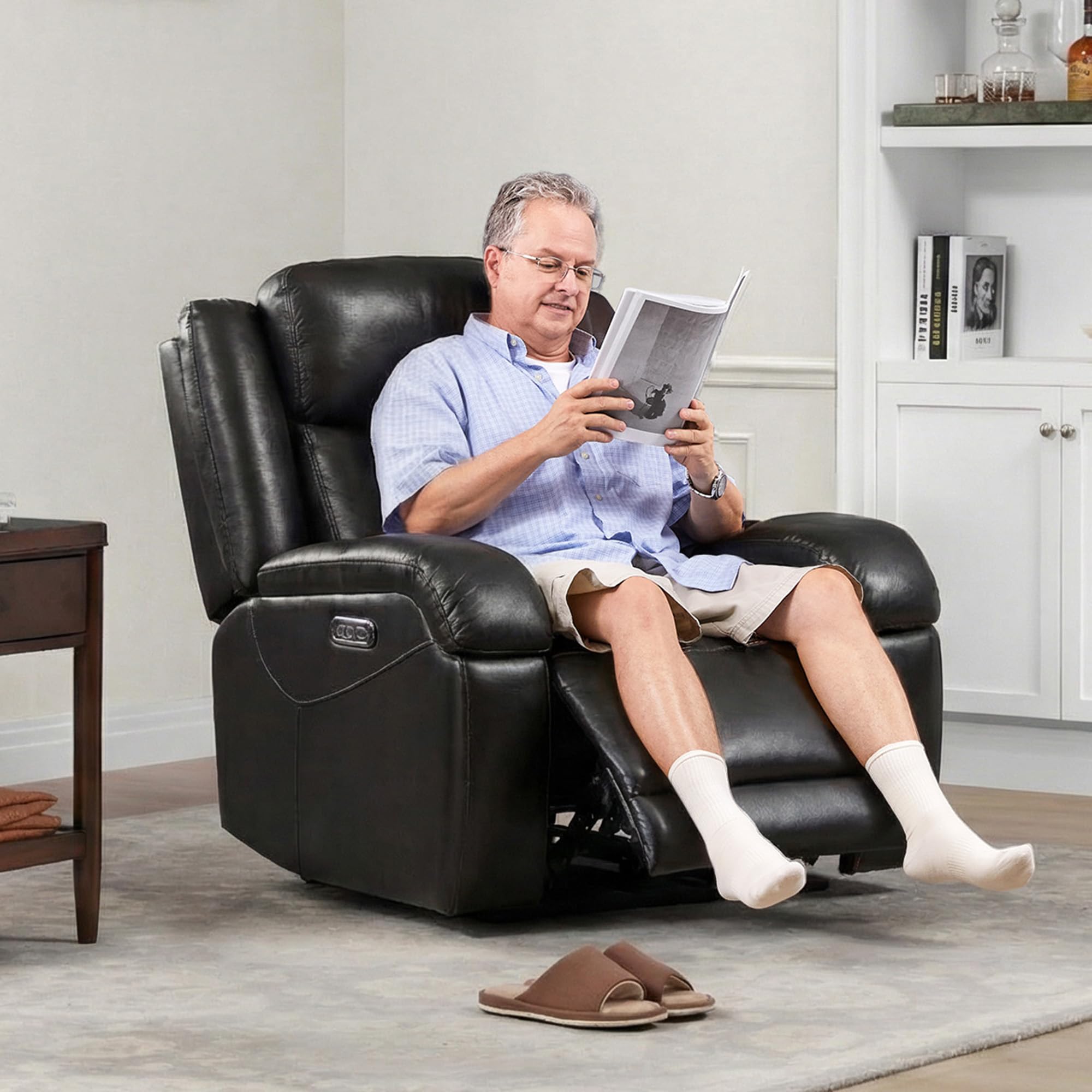 Watson & Whitely Genuine Leather Power Recliner Chairs for Adults, Wall Hugger RV Recliner with Power Headrest & Charging Ports, Electric Recliner Sofa Chair for Living Room, Black