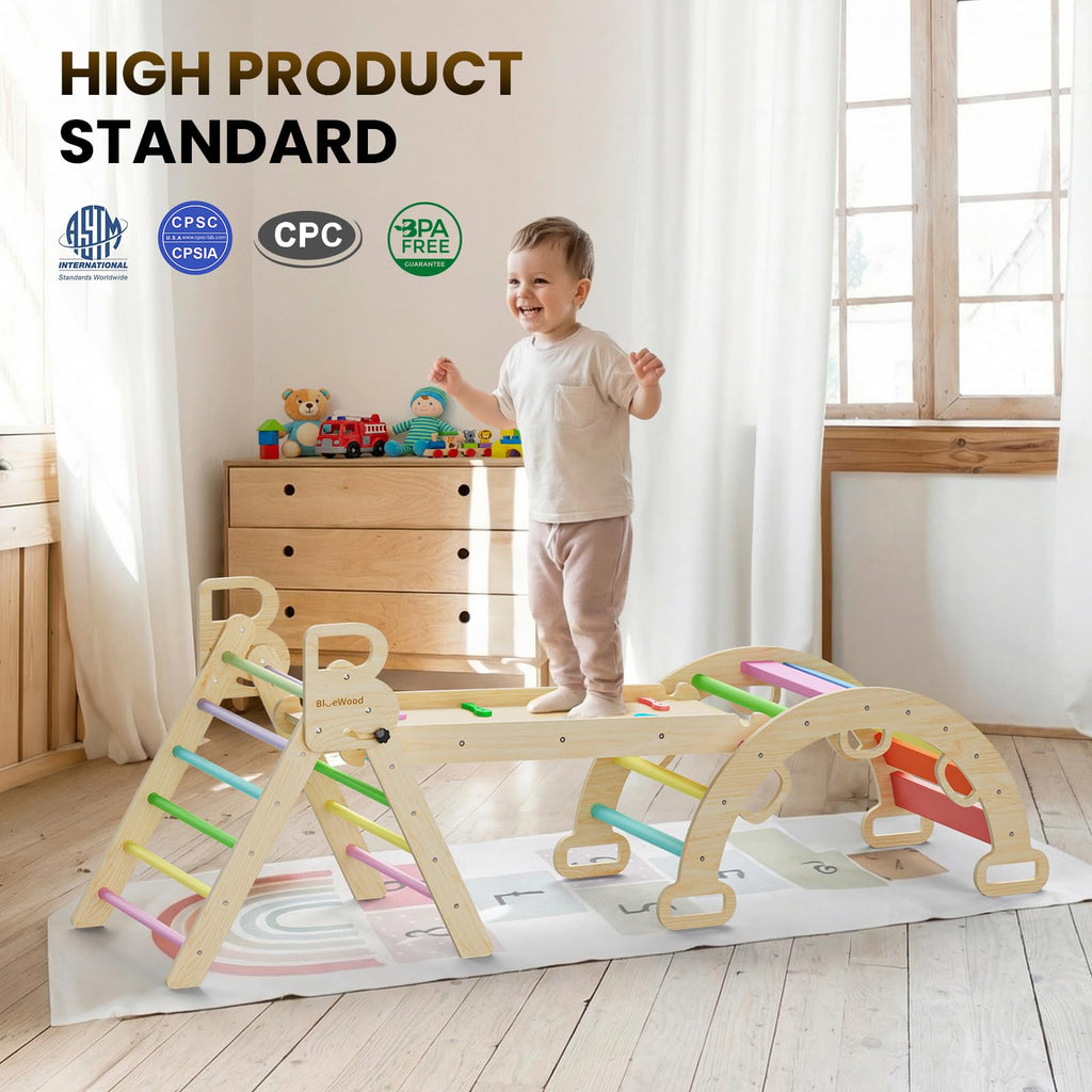 BlueWood Pikler Triangle Set with Safe Handle, Foldable 7-in-1 Montessori Toddler Climbing Toys Indoor, Wooden Pickler Climbing Set, Baby Jungle Gym & Playground, Climbing Toys for 1-3 Year, Colorful