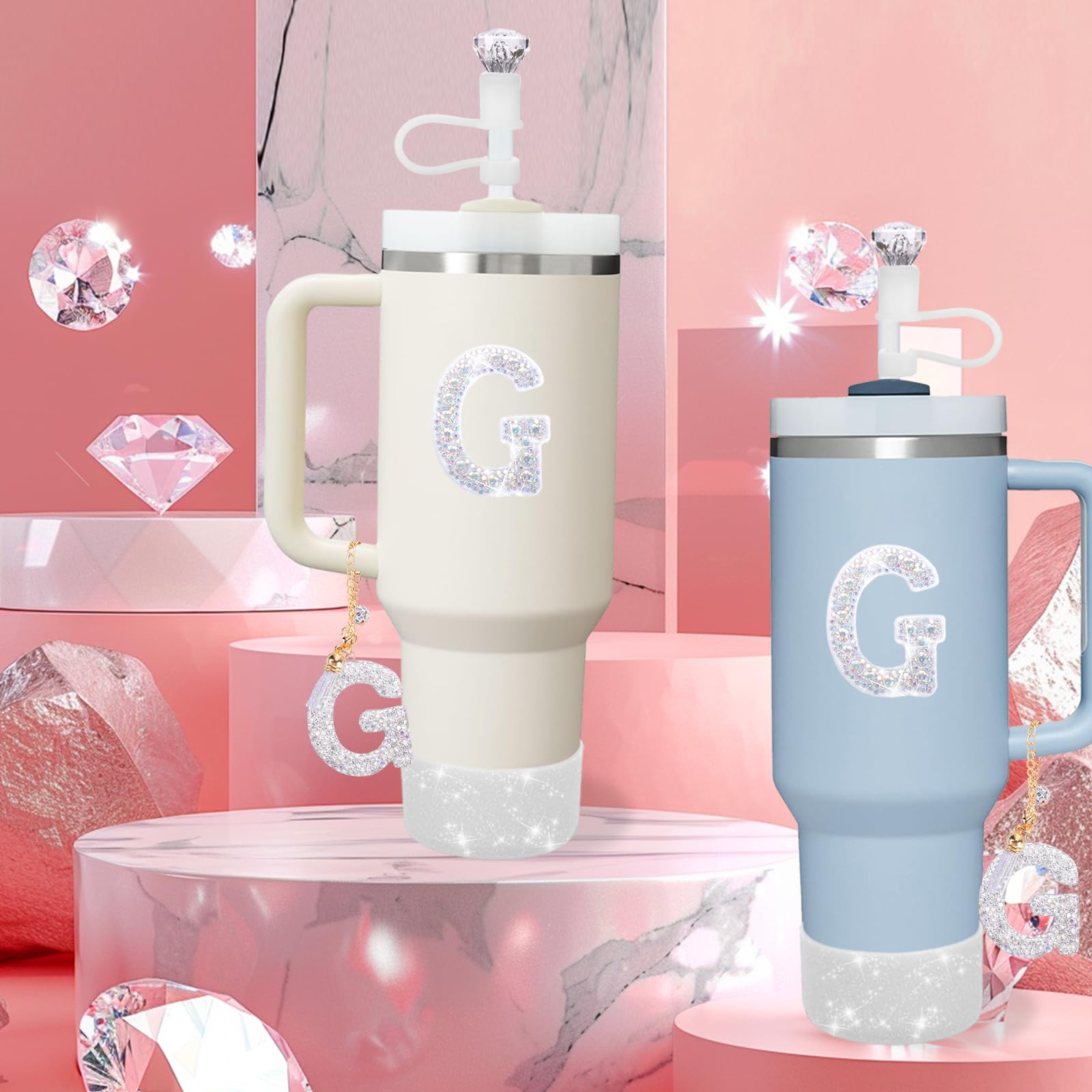 Mity rain Accessories Set for Stanley Cup, Initials Decorations for Tumbler Cup 30/40OZ, Including Diamond Straw Topper/Spill Proof Stopper/Sparkly Silicone Boot Set/Letter Charms for Handle A-Z (A-)