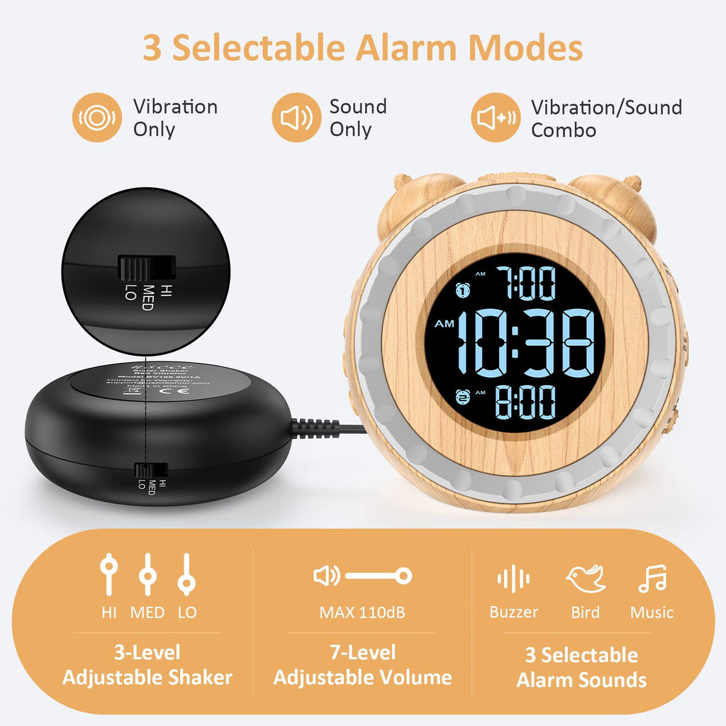uscce Loud Dual Alarm Clock with Bed Shaker - 0-100% Dimmer, Vibrating Alarm Clock for Heavy Sleepers or Hearing Impaired, Easy to Set, USB Charging Port, Snooze, Battery Backup