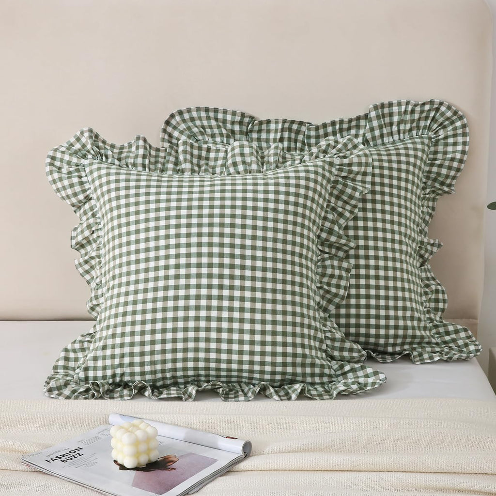 Silnuo Green/White Plaid Ruffled Queen Size Pillow Shams Set of 2,Washed Cotton Shabby Checkered Gingham Farmhouse Bed Pillow Covers 20"x30"