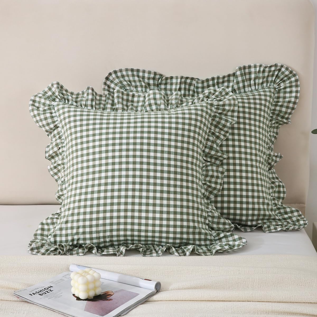 Silnuo Green/White Plaid Ruffled Queen Size Pillow Shams Set of 2,Washed Cotton Shabby Checkered Gingham Farmhouse Bed Pillow Covers 20"x30"