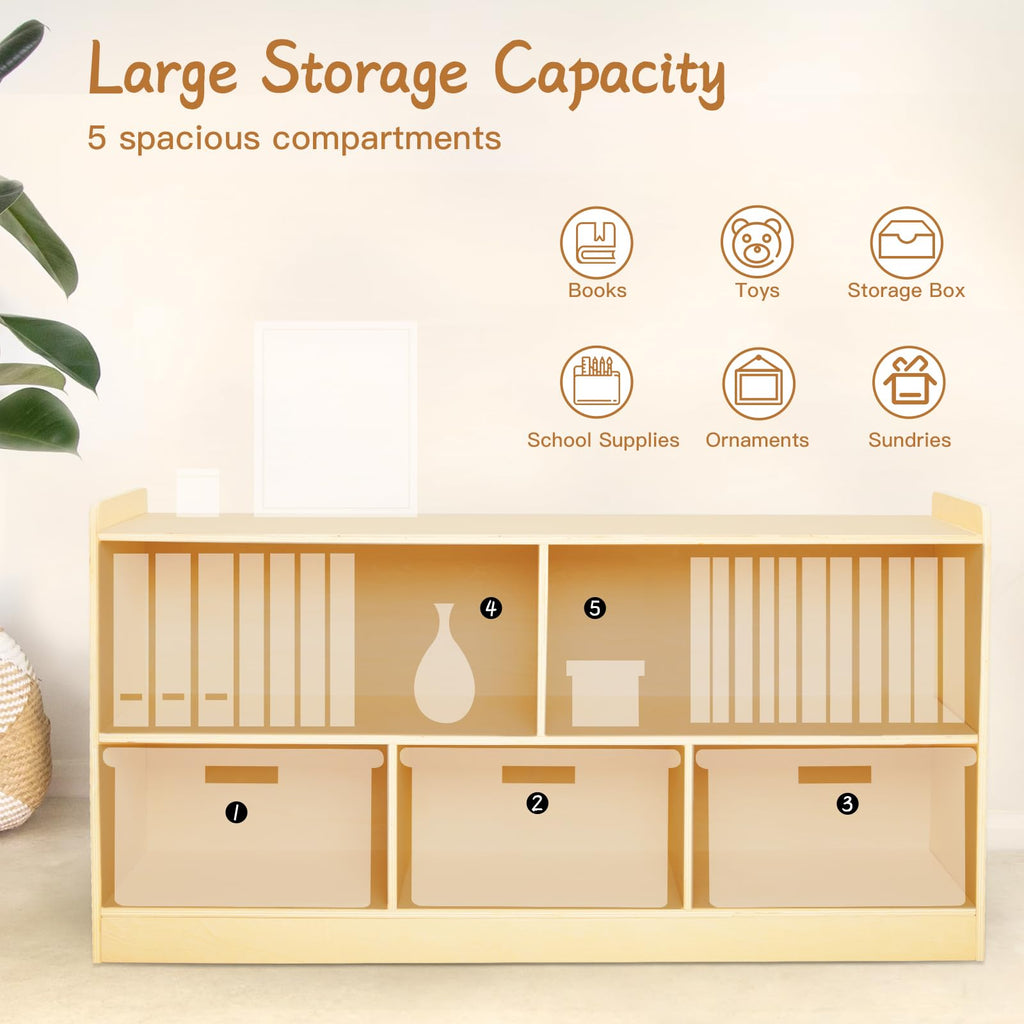 Montessori Shelf, Wooden Toy Storage Organizer for Books Toys, 2 Shelf Bookcase, 5-Section Storage Cabinet, Toddler Book Shelf for Kids Rooms, Playroom, Nursery, Kindergarten (Natural)