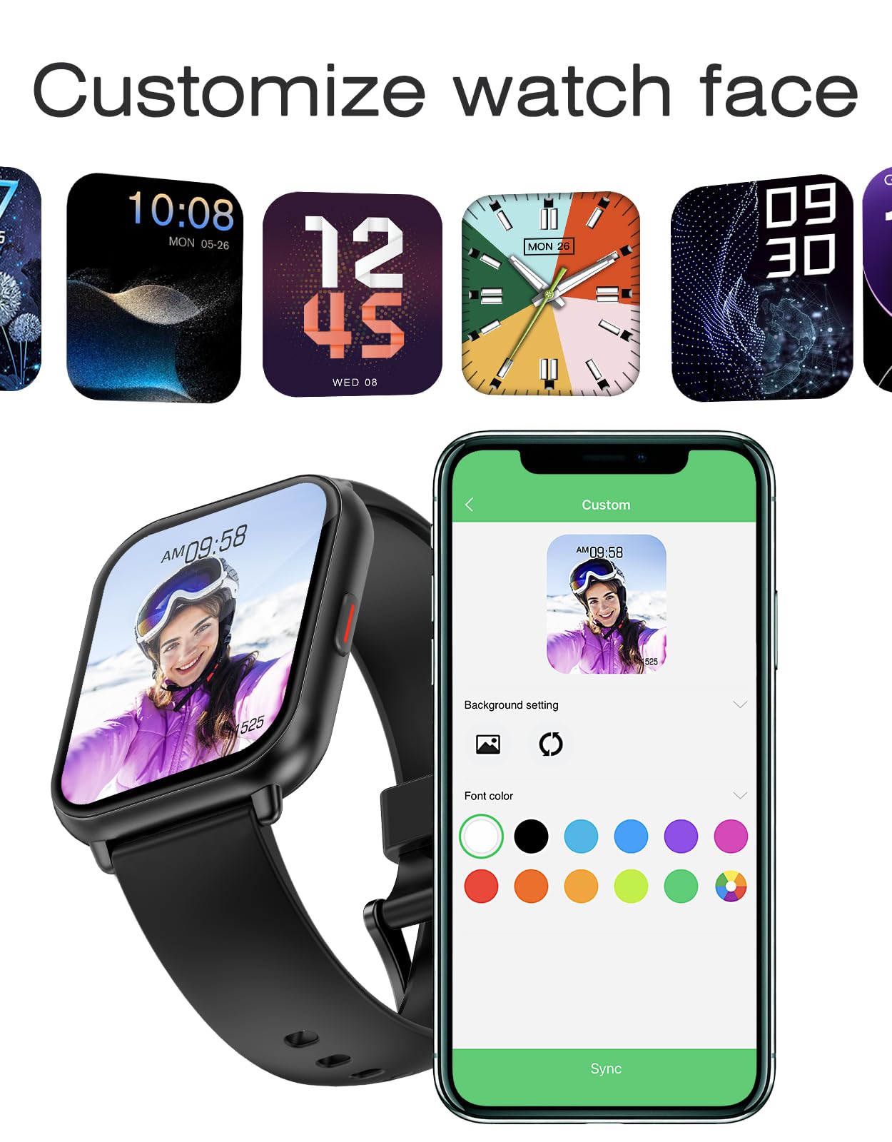 Smart Watches for Women Men (Answer/Make Calls, 3 Bands), 1.85" Fitness Tracker Watch for iPhone/Android Phones with Heart Rate Monitor Sleep/Steps Tracker 100+ Sports Pedometer Waterproof (Black)