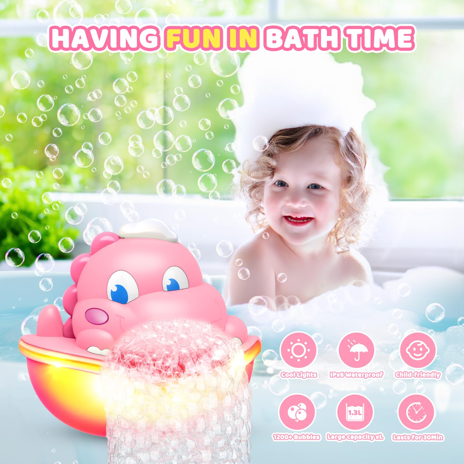Bath Toys,Light-Up Bath Bubble Machine Automatic Bubble Maker Bathroom Toy for Kids Ages 1-3 4-8 Toddler Bathub Toy Easter Basket Stuffers Dinosaur Toys for Kids 3-5
