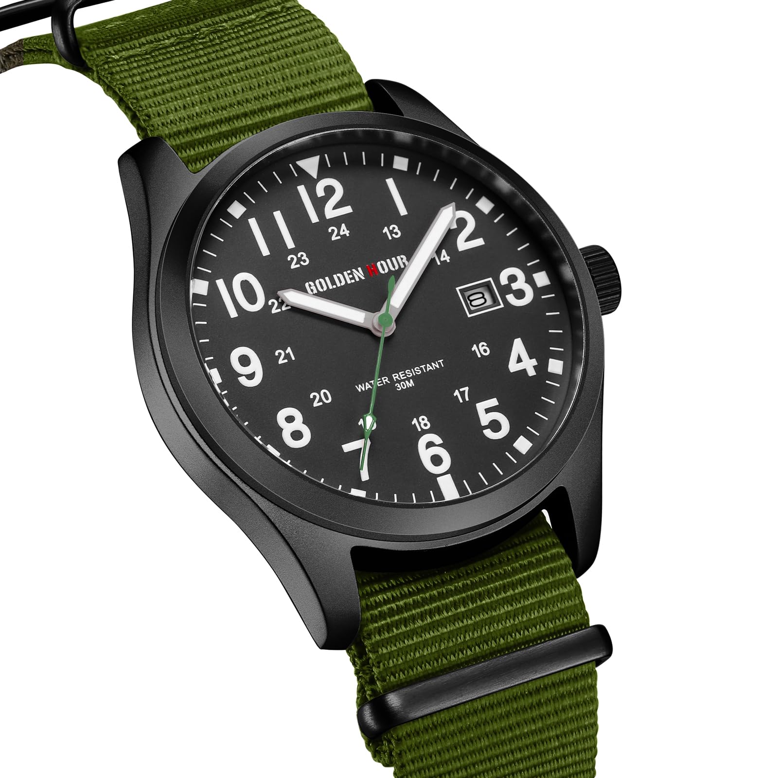 GOLDEN HOUR Men's Nylon Slip-Thru Strap Watch with Military Time Easy Read Dial Glowing Hands
